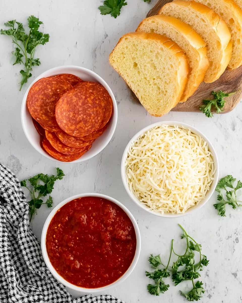 This image shows three white bowls placed on a white marble surface. The top bowl contains several thin red slices of pepperoni, stacked evenly and overlapping slightly. Below it to the left is a bowl filled with a rich red tomato sauce that has a smooth texture with a few small lumps. To the right, there's a bowl filled with shredded white mozzarella cheese, soft and fluffy in texture. At the top right corner, there is a cutting board holding five slices of golden brown bread with soft yellow crumb and crusty edges. Around the bowls and bread are sprigs of fresh green herbs adding a touch of color. A white and black checkered cloth is partly visible on the lower left side of the image. photo taken with an iphone --ar 4:5 --v 7