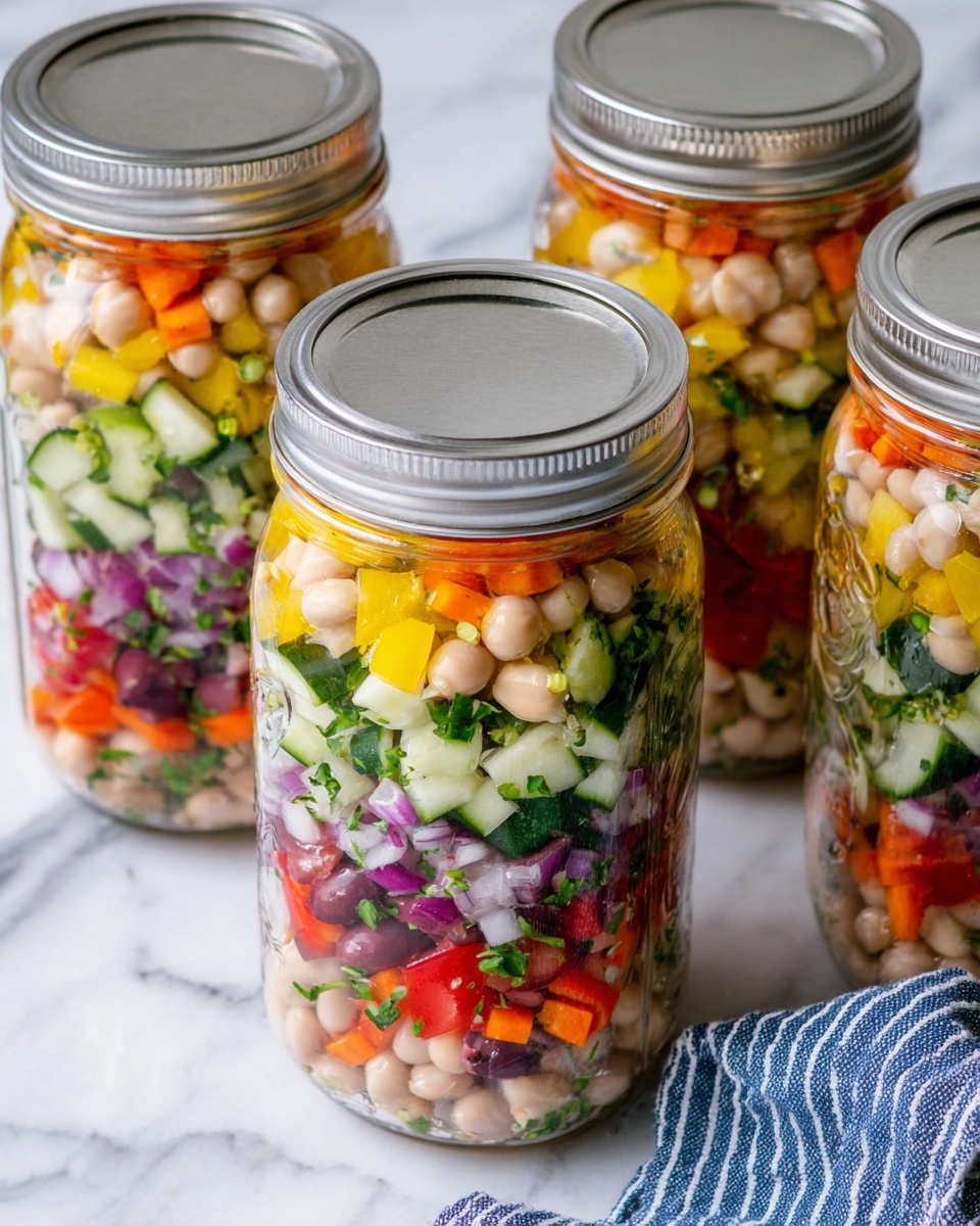 A close-up view of a white bowl filled with a fresh mixed salad showing three distinct layers: the base layer of beige chickpeas and white beans, the middle layer with diced colorful vegetables including green cucumbers, red and yellow bell peppers, and small pieces of purple olives, and the top layer sprinkled with small white crumbles of cheese and chopped green herbs. The bowl sits on a white marbled surface, with parts of two other bowls with similar salads just visible near the edges of the frame. Photo taken with an iphone --ar 4:5 --v 7