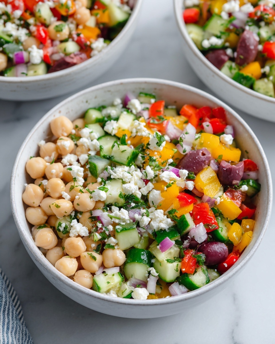 The image shows clear glass jars filled with a colorful bean salad made of several layers. The base layer is a mix of white beans and green cucumber cubes. Above this are bright yellow pepper pieces, followed by chunks of orange carrot and red bell pepper. There are also purple olives and small bits of red onion, scattered evenly throughout. Fresh green herbs are sprinkled in all layers, adding pops of color. The glass jars are closed with silver metal lids and placed on a white marbled surface. A blue and white striped cloth is partially visible near the bottom right jar. Photo taken with an iphone --ar 4:5 --v 7