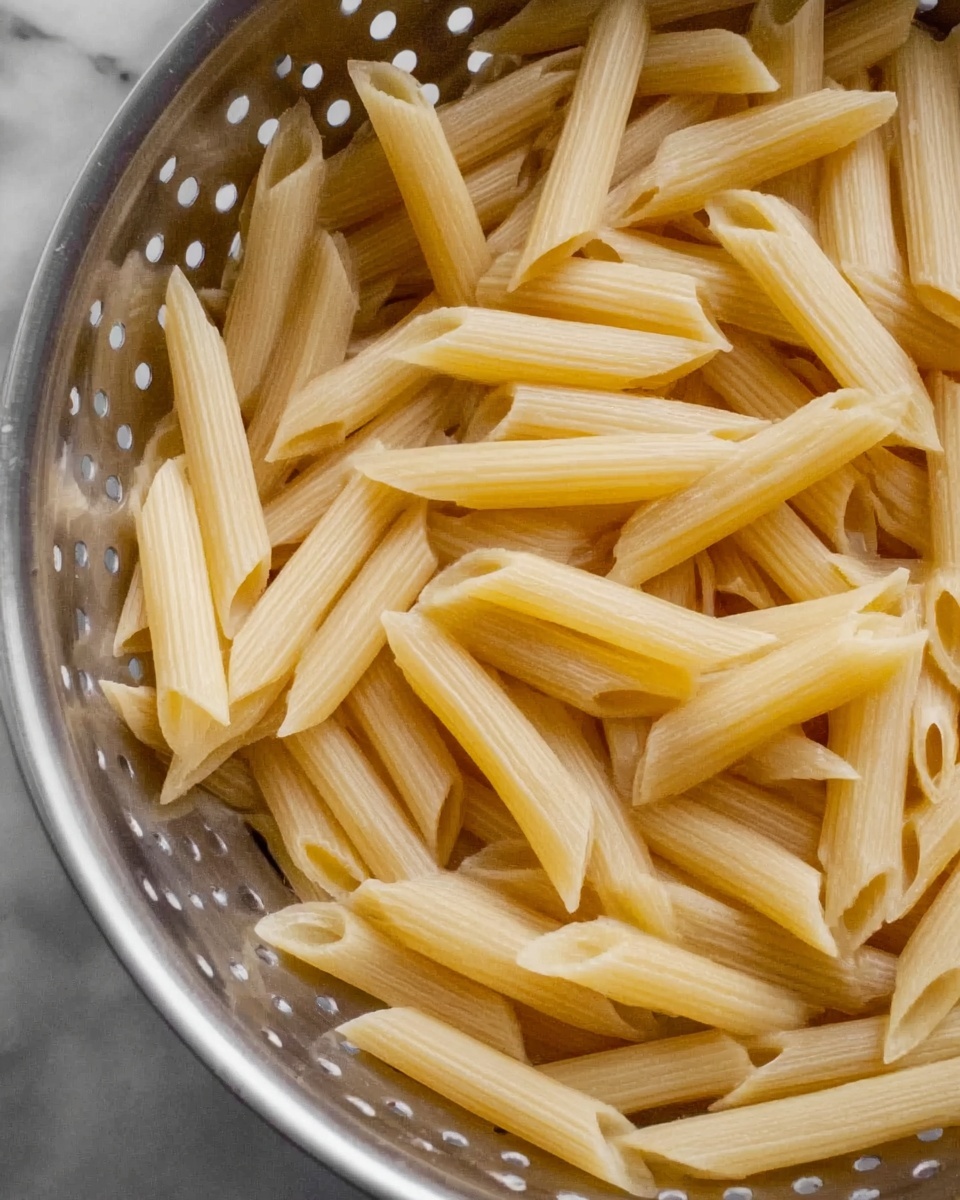 This image shows a close-up of cooked penne pasta inside a perforated metal container. The pasta pieces are light yellow, smooth in texture, and arranged loosely in a single layer, filling the container. Each pasta piece is tube-shaped with ridges running lengthwise. The background is a white marbled surface. Photo taken with an iphone --ar 4:5 --v 7
