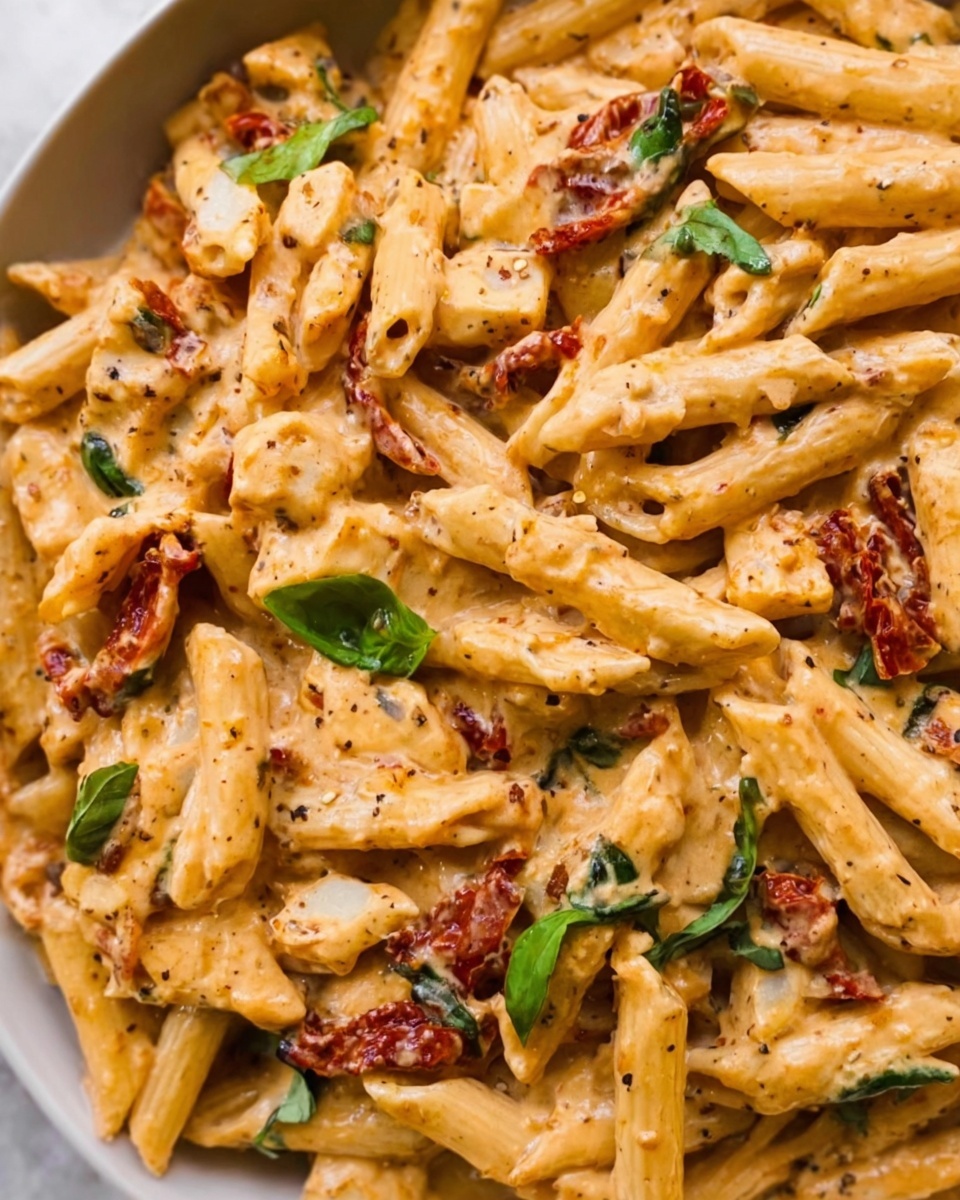 The image shows a close-up of creamy penne pasta mixed with small pieces of sun-dried tomatoes and chunks of white cheese. The pasta is coated evenly in a thick, light orange sauce with visible black pepper sprinkled across the dish. Small bright green basil leaves are scattered throughout, adding a fresh contrast. The texture looks rich and smooth with the pasta shapes clearly visible. The photo is taken on a white marbled surface, and the overall look is warm and appetizing. Photo taken with an iphone --ar 4:5 --v 7