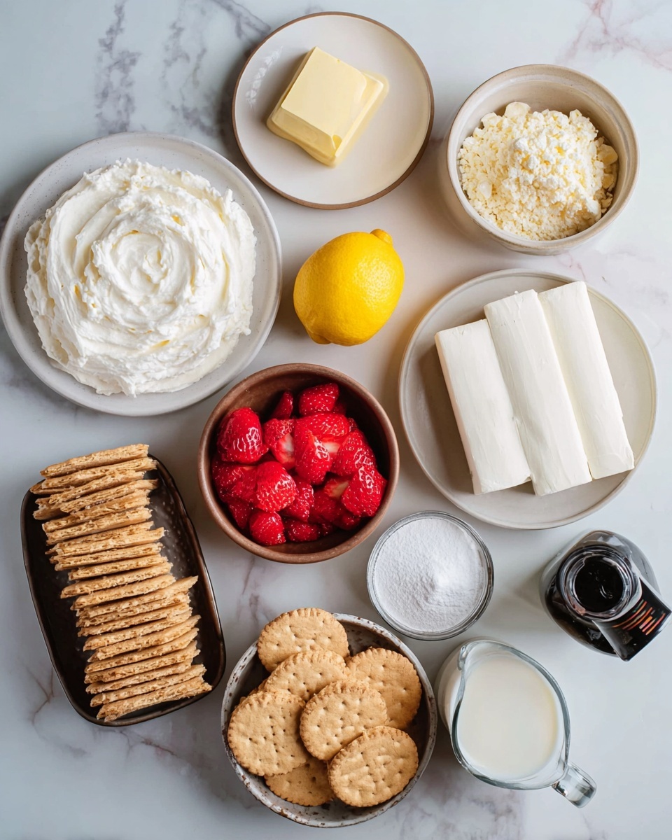 The image shows a flat lay of various ingredients on a white marbled surface. There are nine bowls and plates arranged in a loose circle. Starting from the top and moving clockwise, there is a small white plate with a block of pale yellow butter, a whole bright yellow lemon, a white plate holding two large blocks of cream cheese with a smooth texture, a small white bowl with thick white cream, a small white bowl filled with golden sandwich cookies stacked evenly, a brown bowl with light brown rectangular graham crackers stacked neatly, a white bowl with sliced bright red strawberries, a small white bowl filled with white powder, and a clear glass measuring cup with white milk. In the center, there is a black bottle of vanilla paste lying down. photo taken with an iphone --ar 4:5 --v 7