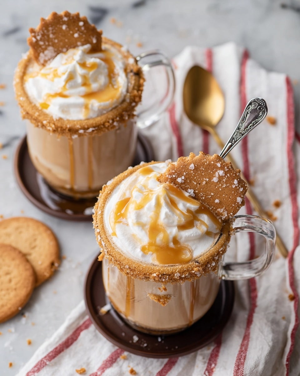 The image shows a glass cup filled with light brown coffee topped with a swirl of white whipped cream with caramel drizzle on top. The cup rim is covered in a crumbly, light tan coating. A gingerbread cookie shaped like a person with sugar crystals is placed on the edge of the cup. The cup sits on a dark round coaster with a white marbled surface underneath, and there is a scattered cookie in the bottom left corner. In the background, another similar glass cup with the same drink and cookie is slightly blurred. photo taken with an iphone --ar 4:5 --v 7
