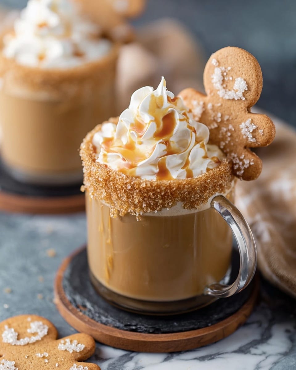 Two clear glass mugs filled with a light brown creamy drink topped with white whipped cream and drizzled with golden caramel sauce. Each mug has a salted cookie rim with crumb crumbs sticking to the edge. A flat brown cookie with white sugar bits is placed on the whipped cream of each drink. One mug has an ornate silver spoon inside, and both sit on a small dark brown coaster. The mugs rest on a white cloth with red stripes over a white marbled surface, with a few more cookies on the left side and a golden spoon on the right side. photo taken with an iphone --ar 4:5 --v 7