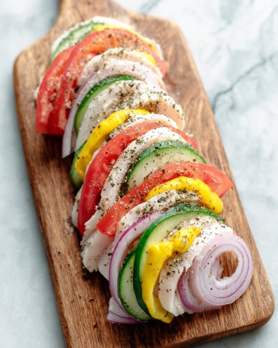 A wooden board holds a row of thinly sliced white chicken pieces layered with alternating slices of red tomatoes, bright yellow mustard dollops, fresh green cucumber strips, and curved red onion slices. The layers create a colorful pattern with specks of black pepper on top. The background is a white marbled surface with soft natural light. Photo taken with an iphone --ar 4:5 --v 7