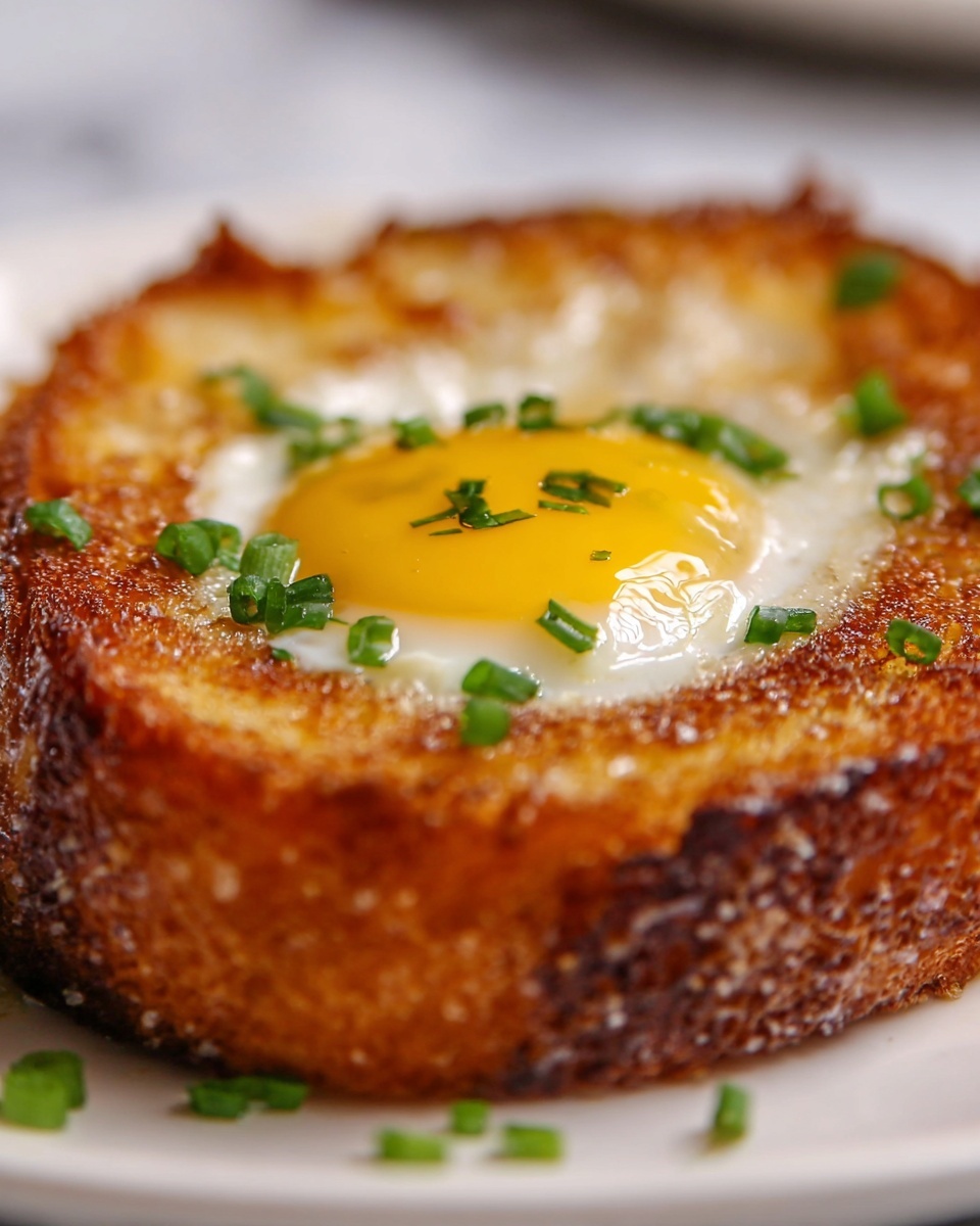 A close-up view of a toasted bread circle with a cooked sunny-side-up egg perfectly centered in the middle, the egg yolk is bright yellow and slightly shiny, surrounded by soft white egg white edges. The bread is golden brown with a crispy texture and some darker brown spots around the edges. Small pieces of fresh green chopped scallions are sprinkled on top of the egg and on the bread, adding color contrast. The dish sits on a white plate with a white marbled surface in the background. photo taken with an iphone --ar 4:5 --v 7