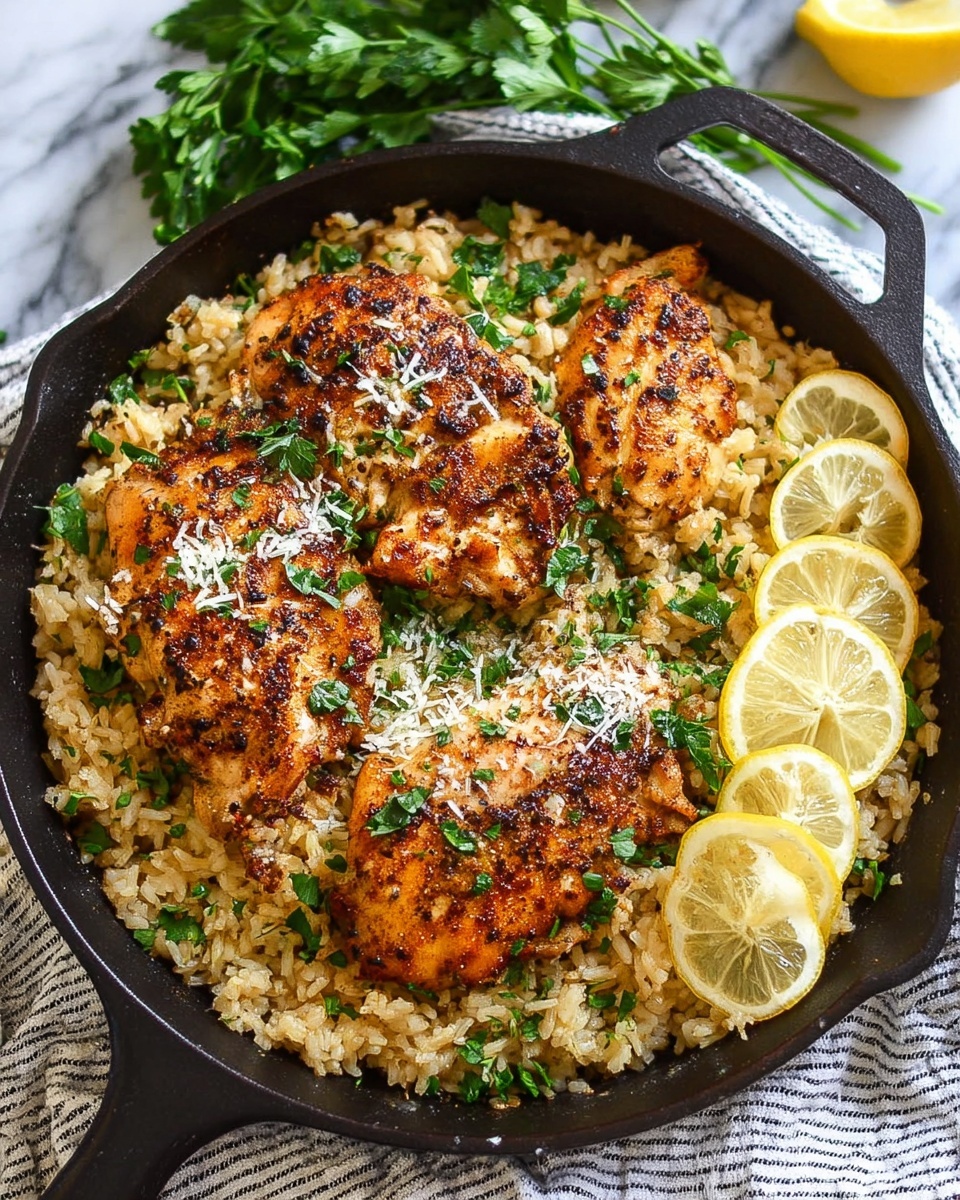 A black cast iron pan holds a layered dish starting with a base of light brown rice mixed with green chopped herbs. On top, there are three large golden-brown grilled chicken pieces, each with a slightly crispy texture and seasoning visible as dark brown specks. White grated cheese is sprinkled lightly on the chicken, and fresh green herbs are scattered over both the chicken and rice. Two lemon slices with herbs rest on the edge of the rice layer on the right side. The pan sits on a striped cloth, with a white marbled surface below, and some fresh green herbs and a lemon wedge visible in the background. photo taken with an iphone --ar 4:5 --v 7