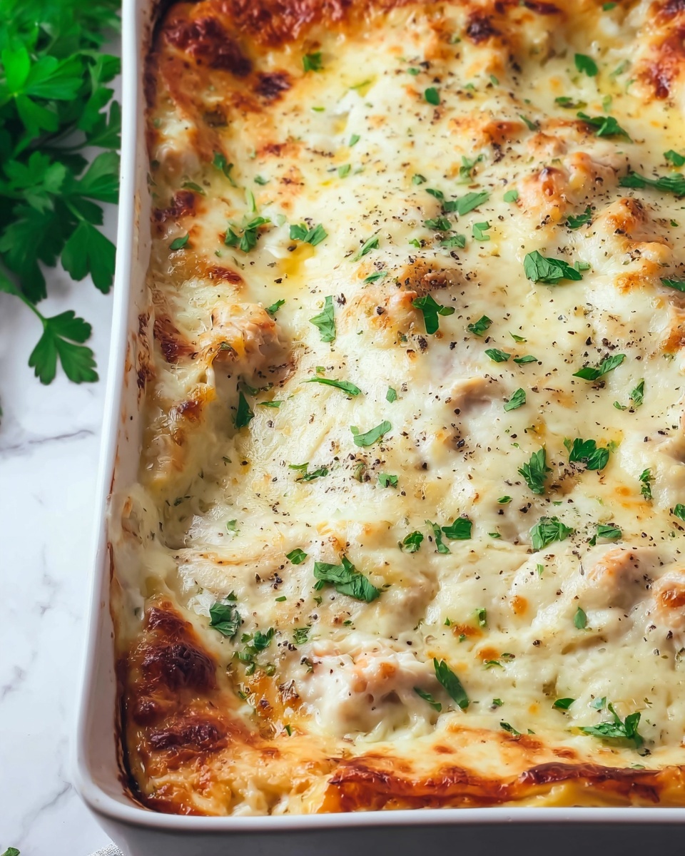 A close-up image of a baked lasagna in a white rectangular dish placed on a white marbled surface. The top layer is covered with melted, slightly browned cheese, sprinkled evenly with chopped fresh green herbs and black pepper. Beneath the golden cheese layer, hints of a creamy white sauce and pieces of chicken emerge. The edges show some browned cheese where it has caramelized against the white dish's sides. The baking dish is slightly shiny under soft lighting, with a green leafy plant partly visible in the background. Photo taken with an iphone --ar 4:5 --v 7