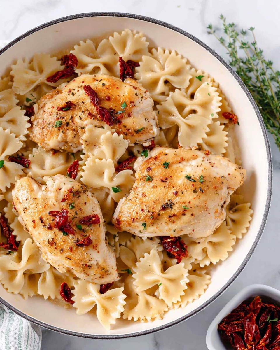 A close-up of a white pan filled with three pieces of golden brown, cooked chicken placed on top of a bed of creamy farfalle pasta. The pasta is mixed with small pieces of red sun-dried tomatoes spread evenly, creating a light contrast with the pale pasta. The pan sits on a white marbled surface with a small white bowl containing extra sun-dried tomatoes nearby, and a sprig of green herbs is visible in the top right corner. photo taken with an iphone --ar 4:5 --v 7