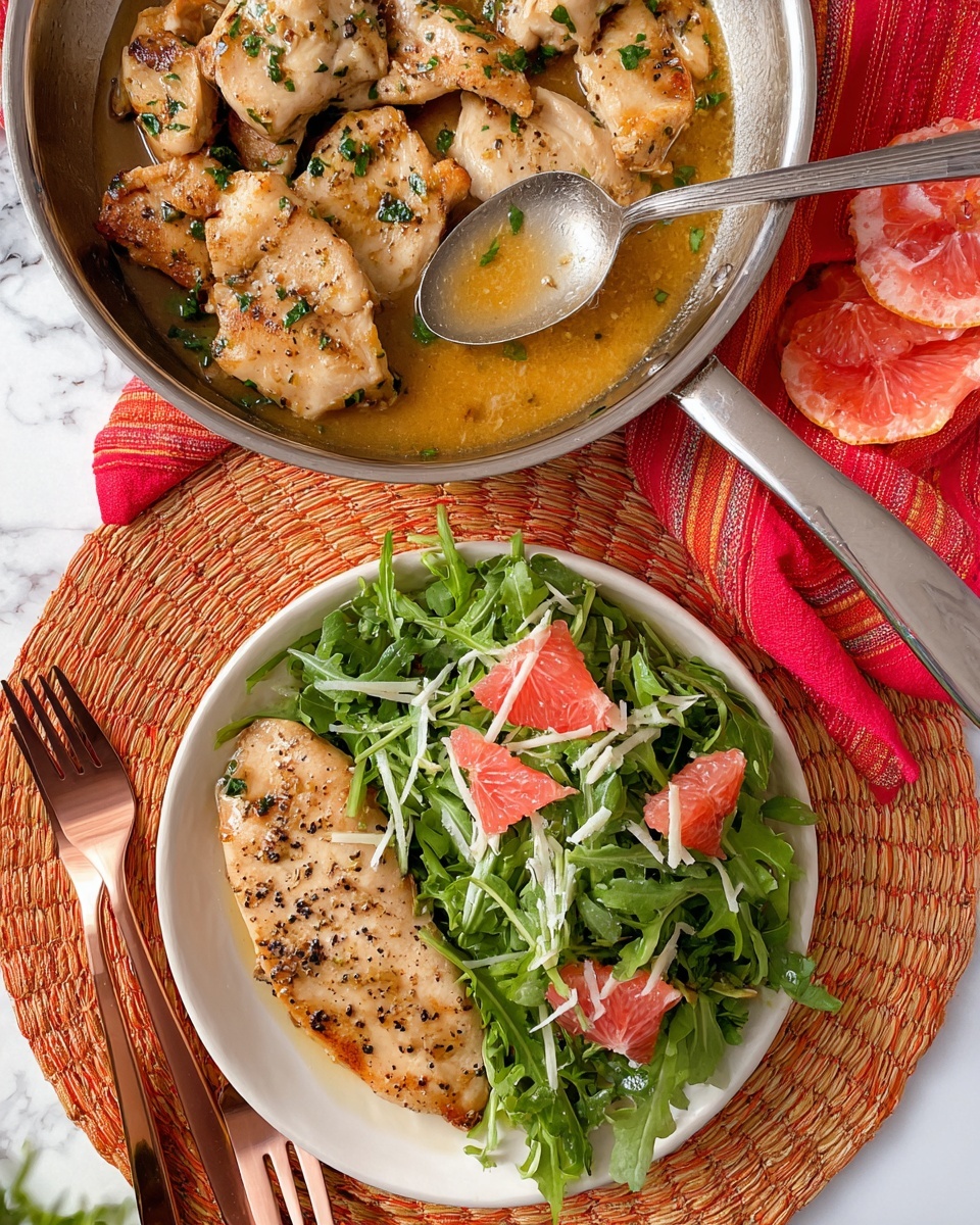 The image shows a white plate with two main parts: on the left, a single layer of cooked light brown chicken with visible black pepper and a shiny sauce glaze, and on the right, a fresh green arugula salad topped with pink grapefruit slices and thin white cheese shavings scattered across the leaves. Above the plate is a silver pan with several layers of cooked light brown chicken pieces covered in a golden brown sauce and sprinkled with chopped green herbs. A silver spoon rests on the chicken in the pan, holding some of the sauce. The setup is placed on a round wicker mat over a white marbled surface, with a red and orange striped cloth visible on the side, and two rose gold forks rest beside the chicken on the plate. photo taken with an iphone --ar 4:5 --v 7