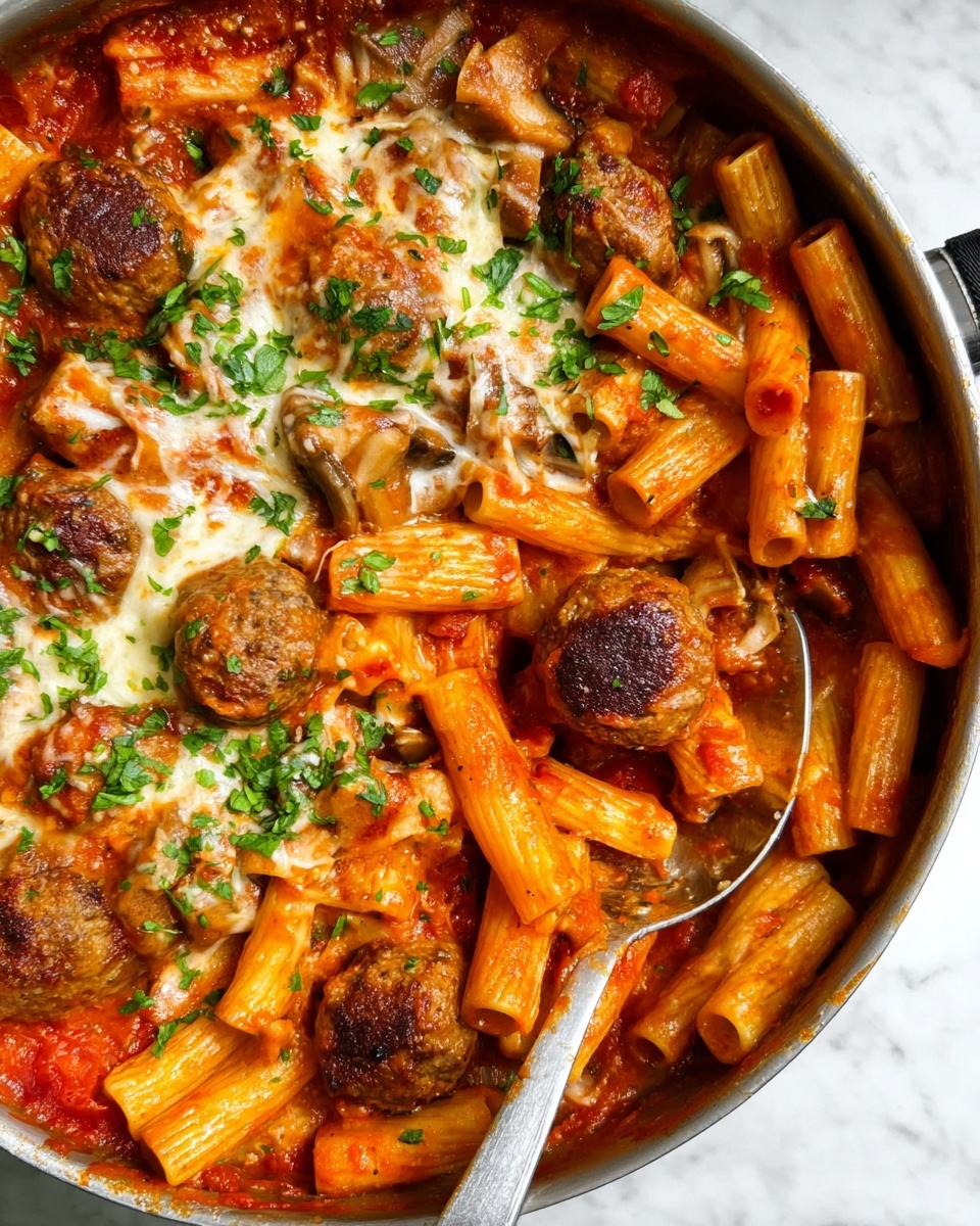 This dish shows a large pan filled with rigatoni pasta mixed with meatballs and mushrooms, all covered in a thick red tomato sauce. There are two visible layers: the bottom layer consists of golden-orange rigatoni pasta coated in sauce mixed with brown, round meatballs and sliced mushrooms with light brown edges. The top layer is melted, slightly browned cheese spread unevenly over the pasta and meatballs, sprinkled with fresh, finely chopped green herbs. A metal spoon is partly scooping some pasta and one meatball from the bottom right side. The pan sits on a white marbled surface photo taken with an iphone --ar 4:5 --v 7