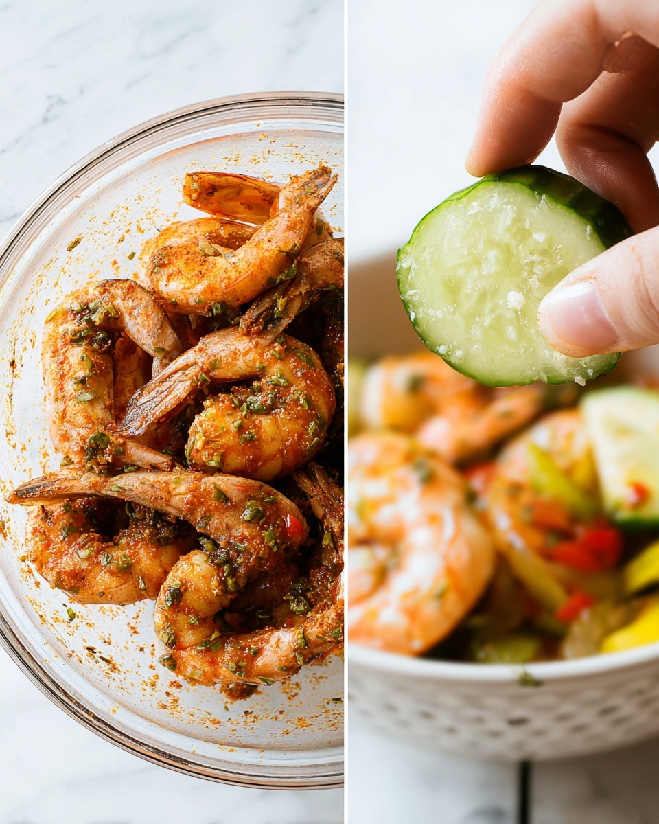 The image shows two parts: on the left, a glass bowl filled with raw shrimp coated in a reddish-brown spice mix with green herb bits, sitting on a white marbled surface. The shrimp are arranged loosely with visible tails and legs, and the spice mix sticks to the inside glass edges. On the right, a close-up of a woman's hand squeezing half of a cucumber, with tiny bubbles and juice visible inside the cucumber’s light green flesh, held over a blurred bowl of cooked shrimp topped with herbs and surrounded by colorful vegetables, all set on a white marbled surface. Photo taken with an iphone --ar 4:5 --v 7