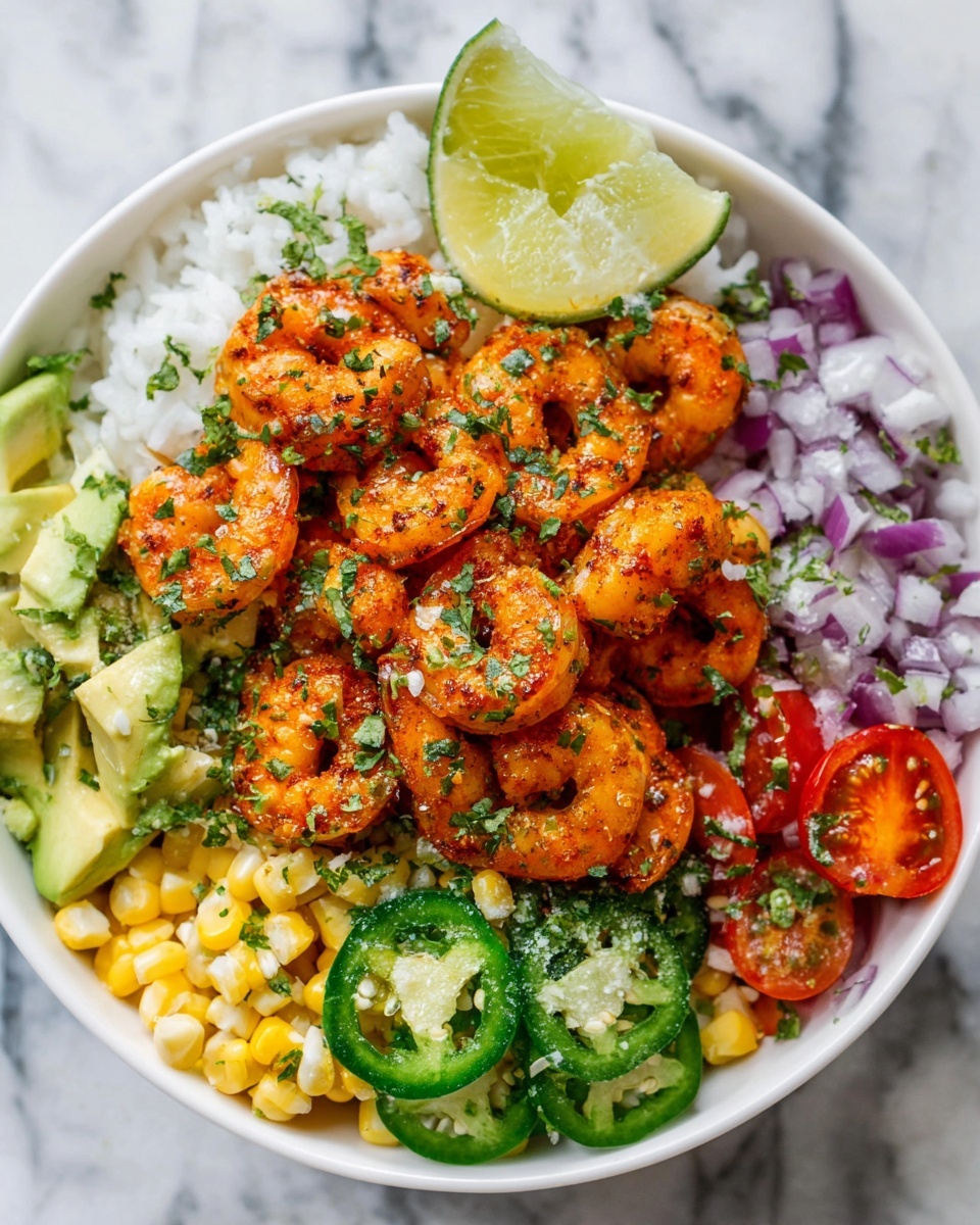 A white bowl filled with a colorful layered dish starting with a base of white rice, topped with bright orange-seasoned shrimp sprinkled with chopped green herbs. Around the shrimp, there are sliced green jalapeños, halved red cherry tomatoes, bright yellow corn kernels, small cubes of pale green avocado, and finely diced purple onions. A wedge of lime rests on the side of the bowl, enhancing the fresh look. The bowl sits on a white marbled surface. Photo taken with an iphone --ar 4:5 --v 7
