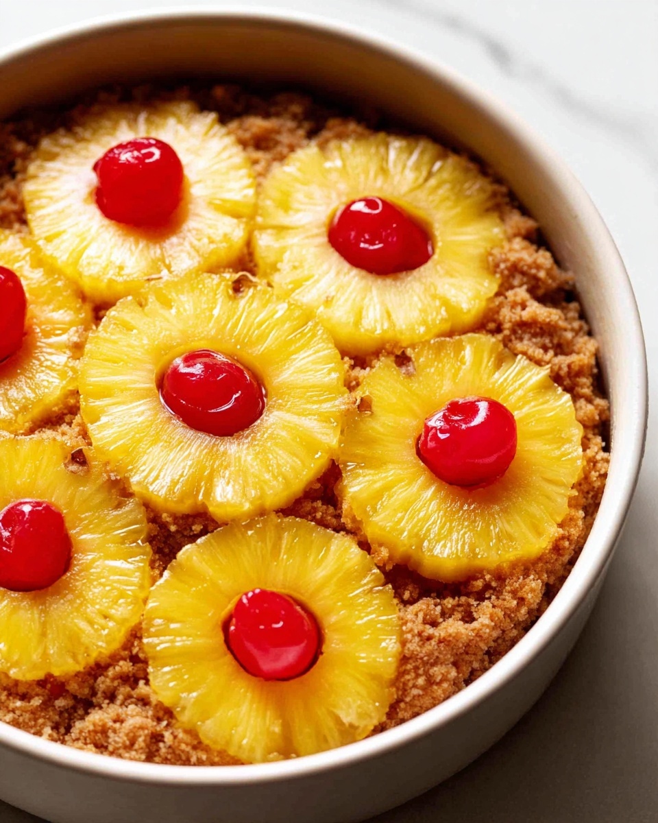 The dish is in a white round bowl with a white marbled surface background. On the bottom layer, there is a crumbly brown base covering the entire bowl. On top of this base, there are bright yellow pineapple rings arranged in an overlapping circle pattern, each with a shiny red cherry placed in the center hole. The pineapples have a juicy and smooth texture, and the cherries give a glossy contrast. The image shows the dish from a close angle, capturing the fresh colors and textures clearly. photo taken with an iphone --ar 4:5 --v 7