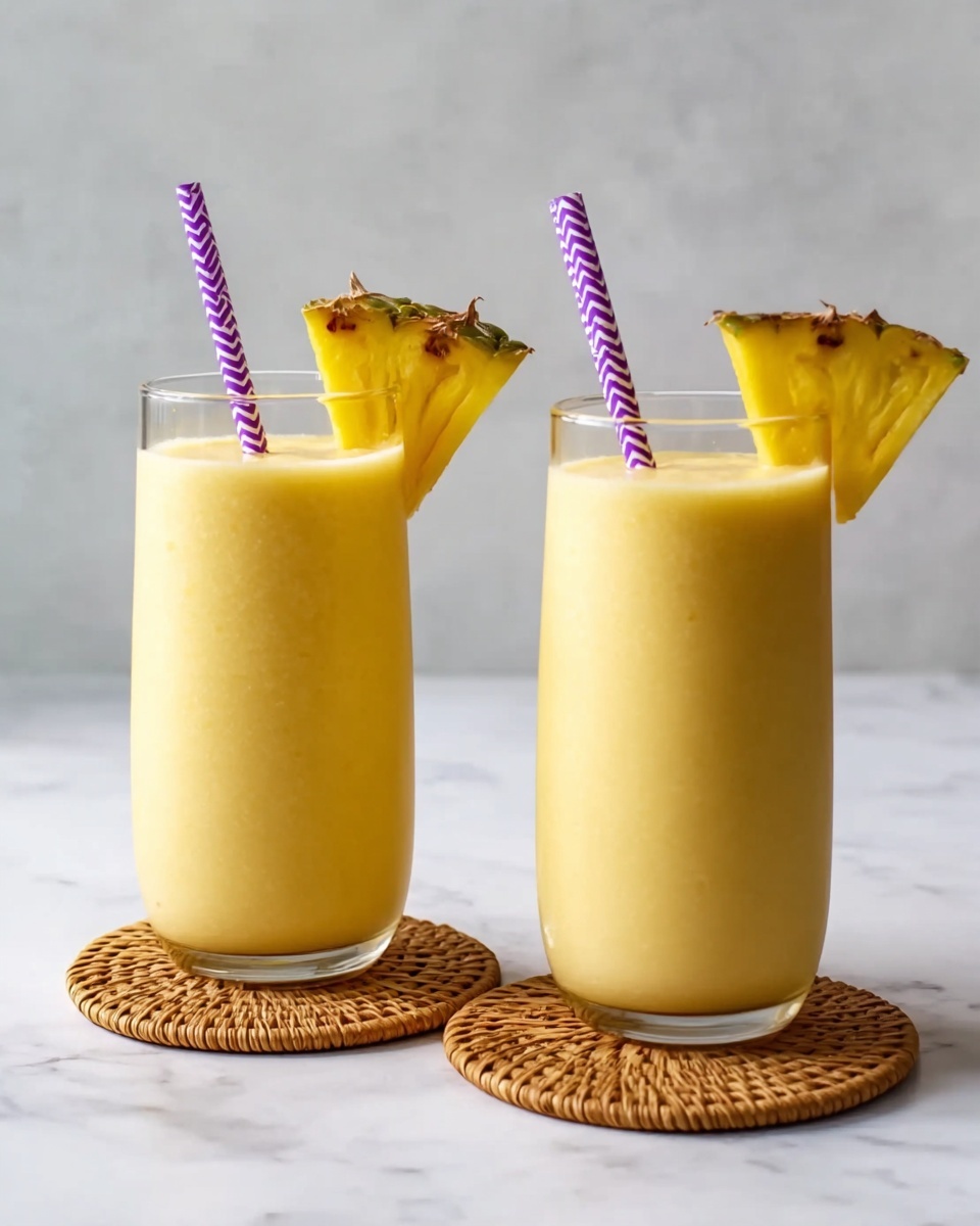 Two tall, clear glasses filled with thick, smooth pale yellow pineapple smoothie sit side by side on round woven coasters. Each glass has a purple and white striped straw and a fresh pineapple wedge placed on the rim. The background and the surface under the coasters are white with a subtle marbled texture. photo taken with an iphone --ar 4:5 --v 7