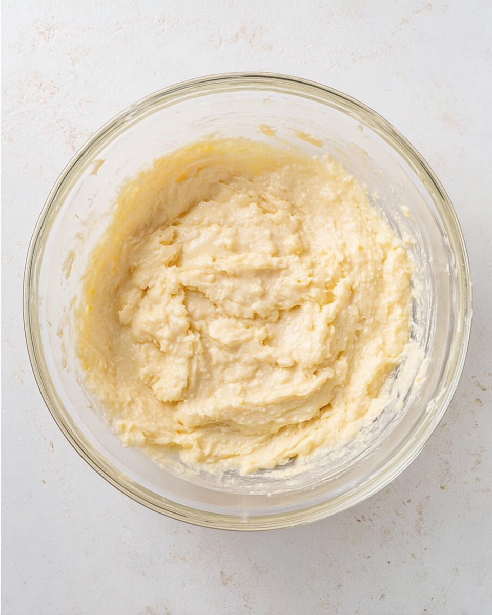 A clear glass bowl filled with a thick, creamy mixture that looks pale yellow with small lumps and a slightly glossy surface. The mixture is spread evenly inside the bowl, showing some ridges and gentle peaks, giving it a soft and textured look. The bowl is placed on a white marbled textured surface, with no other items around. photo taken with an iphone --ar 4:5 --v 7