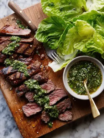 Grilled Flank Steak with Salsa Verde and Herb-Lettuce Salad Recipe