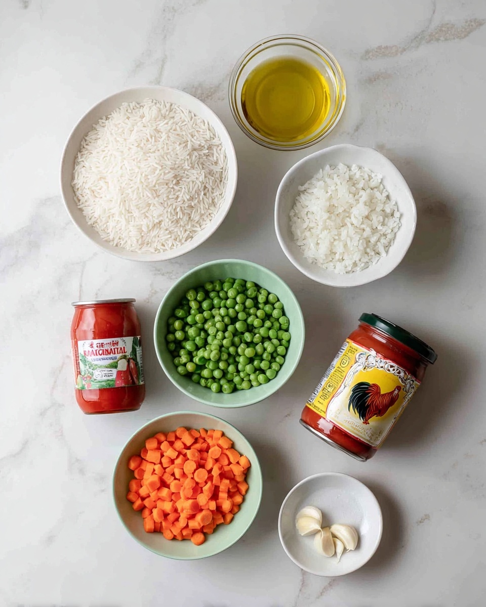 The image shows eight ingredients arranged on a white marbled surface: a white bowl filled with uncooked white rice at the top left, a glass container with yellow cooking oil at the top right, a small white bowl holding finely chopped white onions to the right center, and an off-white bowl filled with frozen green peas below the rice. Nearby, a small white plate holds a few minced garlic pieces at the bottom right, another small white plate contains white salt at the bottom center, and a light green bowl with small diced orange carrots sits between the rice and onions. Also present are a can of tomato sauce with red tomatoes on the label to the left of the peas and a jar with a red lid and a yellow label with a rooster image, positioned to the right of the carrots. Photo taken with an iphone --ar 4:5 --v 7