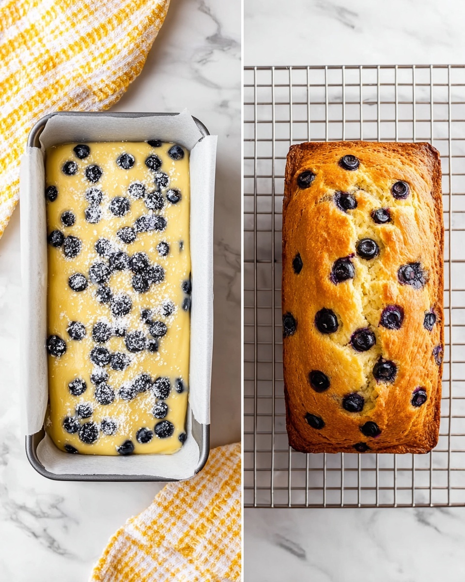The image shows two side-by-side photos of a banana blueberry bread in progress. On the left, there is a white parchment-lined metal loaf pan filled with pale yellow banana bread batter, dotted with fresh blueberries, some lightly dusted with a white powder. The pan is placed on a white marbled surface next to a yellow and white checkered cloth. On the right, the baked banana bread has a golden brown crust with blueberries dispersed on the surface, sitting on a cooling rack over the same white marbled surface. The bread has a slightly cracked top and a soft texture visible around the berries. photo taken with an iphone --ar 4:5 --v 7