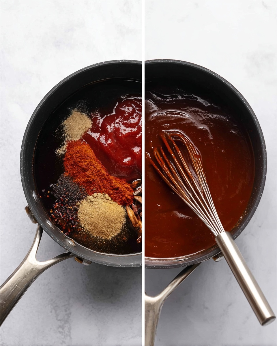 The image shows two side-by-side views of a black pot with a metal handle on a white marbled surface. On the left side, the pot is filled with several separate layers of ingredients including a dark liquid base, red sauce, brown and tan spices, and other thick sauces sitting distinctly without mixing. On the right side, the same pot contains a smooth dark reddish-brown sauce being mixed with a metal whisk, creating a glossy texture with streaks from the whisk. The pot’s interior is coated evenly with the sauce. photo taken with an iphone --ar 4:5 --v 7