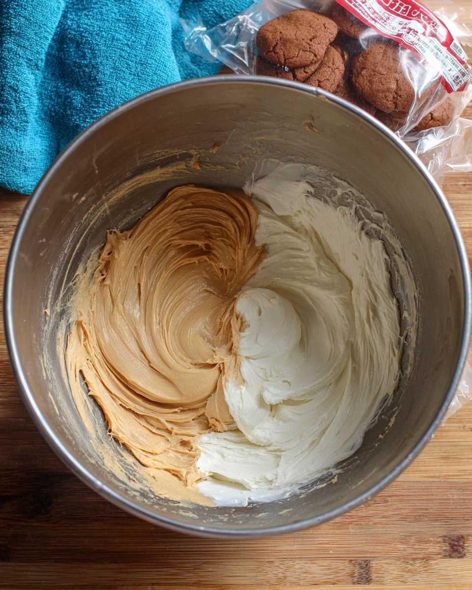 Inside a shiny steel mixing bowl, there are two creamy layers side by side: one is thick, smooth, and light tan, the other is thick, soft, and white. The bowl rests on a wooden surface with a blurred blue cloth in the top left corner and wrapped brown cookies in clear plastic with red labels in the top right area. The texture of both layers shows gentle swirls from stirring. photo taken with an iphone --ar 4:5 --v 7