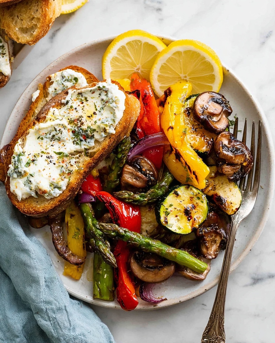 A white round plate holds a colorful mix of grilled vegetables layered in the center; the bottom layer shows green asparagus spears, topped with thick slices of yellow and red bell peppers, zucchini slices, red onion chunks, and brown mushrooms, all lightly charred and glistening. On the left side of the plate rests a piece of toasted bread spread thick with creamy white cheese and sprinkled with herbs and black pepper. Two lemon wedges are placed at the top edge of the plate, and a vintage silver fork rests on the right side, partially on a light blue cloth napkin, all set on a white marbled surface. Photo taken with an iphone --ar 4:5 --v 7