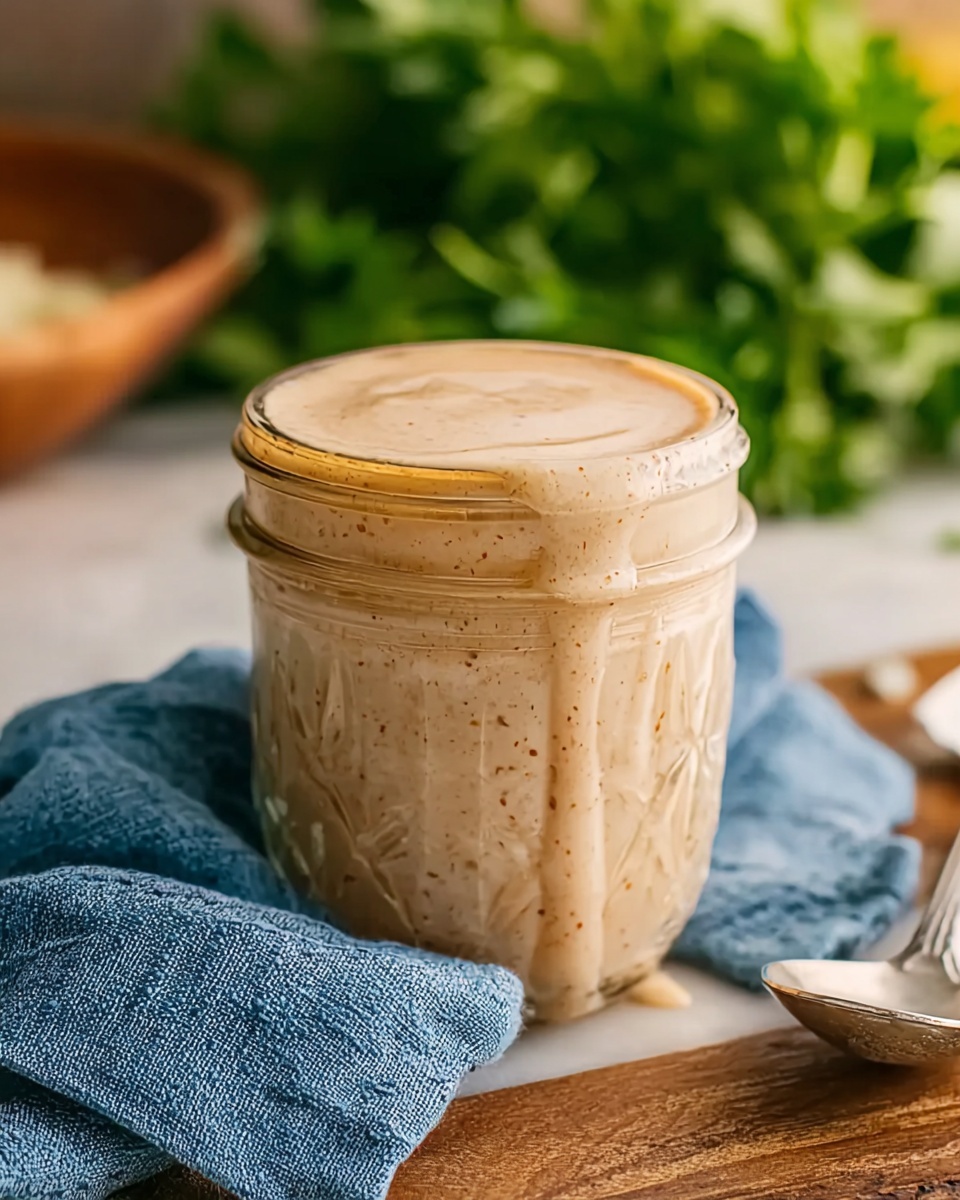 A small clear glass jar filled with light brown creamy sauce that has tiny darker spots throughout, slightly overflowing and dripping down the side. The jar is placed on a light wooden surface with fresh green herbs blurred in the background and a white marbled texture beneath. Near the jar, a blue cloth and a silver spoon are visible, creating a cozy kitchen scene. photo taken with an iphone --ar 4:5 --v 7