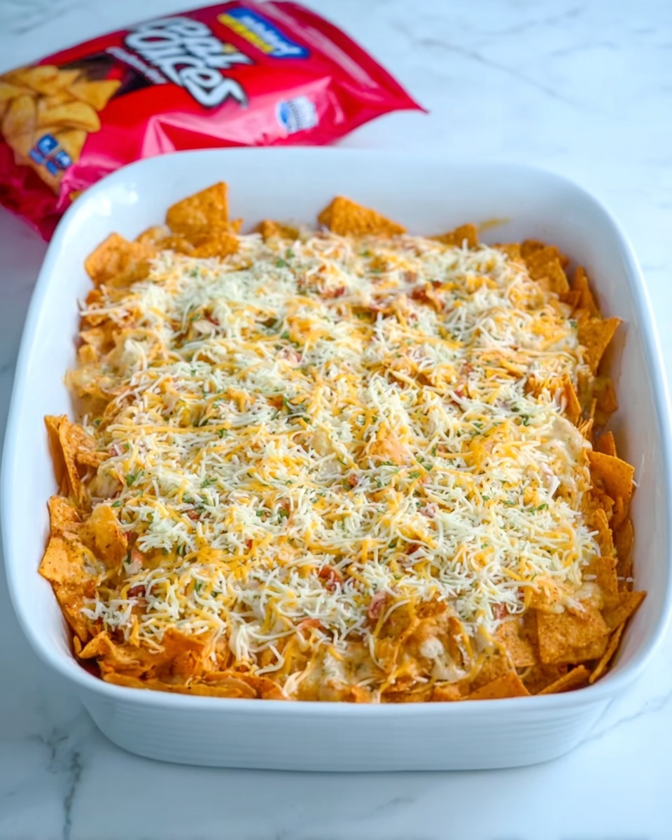The image shows a white rectangular dish filled with layers of food. On the bottom, there are orange triangular chips covering the entire dish. On top of the chips, there is a layer of light-colored shredded cheese that is spread evenly. The cheese layer has a mix of white and yellow strands, giving it a textured look. The dish is placed on a white marbled surface, and in the background, there is a red bag of nacho cheese flavored chips. The photo taken with an iphone --ar 4:5 --v 7