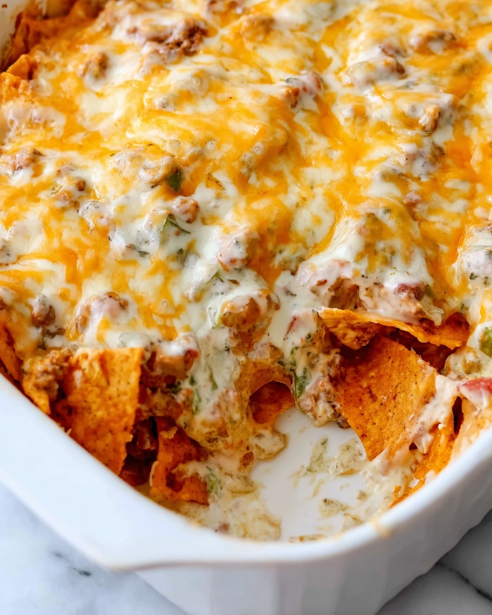 The image shows a white baking dish filled with layered nachos topped with melted cheese. The bottom layer consists of crispy orange tortilla chips partially visible beneath a thick coating of creamy white sauce mixed with bits of green and brown, likely vegetables and meat. On top is a generous layer of melted yellow and white cheese spread unevenly, covering most of the dish, with some chips peeking through the edges. The white marbled surface is visible around the baking dish, and a portion of the nachos has been scooped out, revealing the layers inside. Photo taken with an iphone --ar 4:5 --v 7