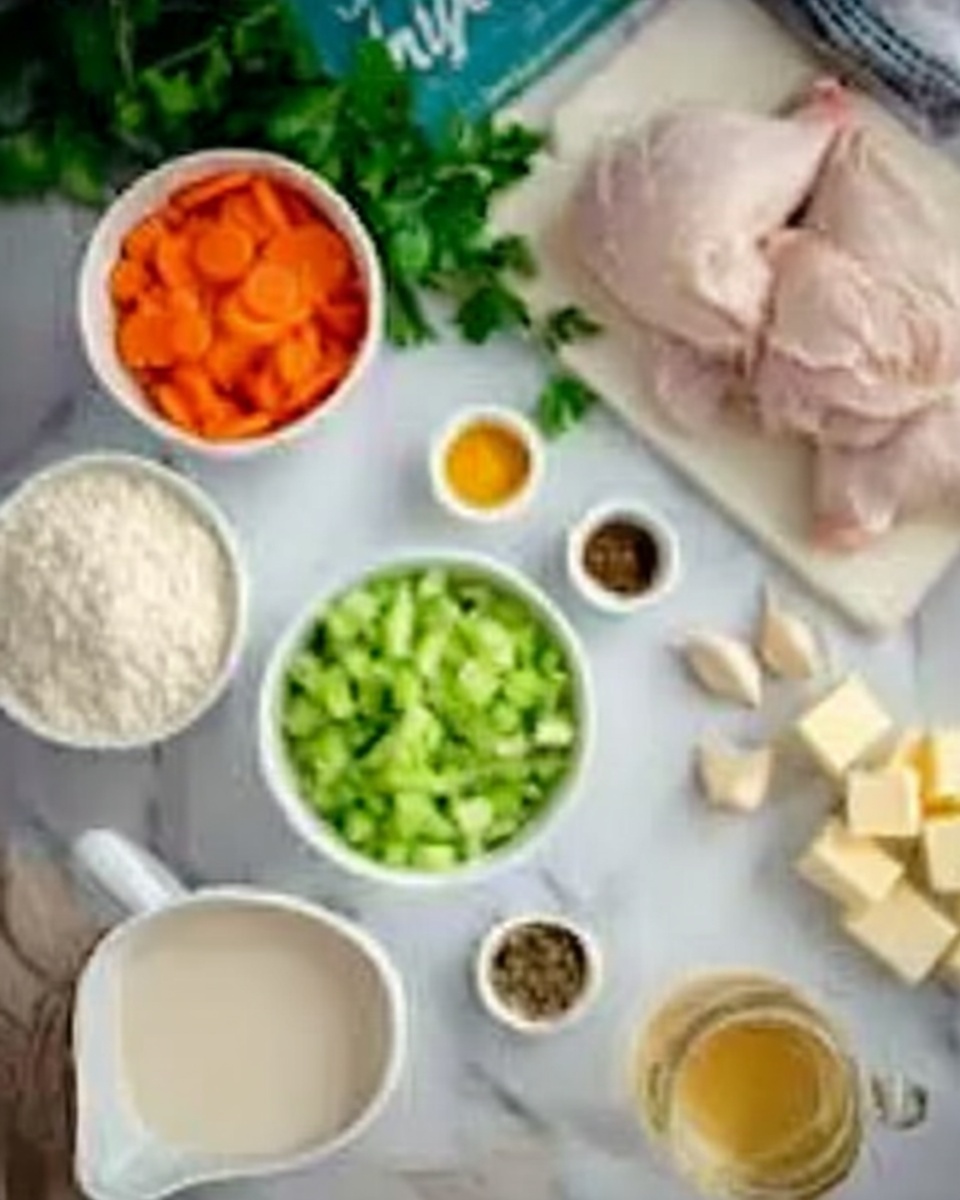 The image shows various cooking ingredients laid out neatly on a white marbled surface. There is a small white bowl of sliced carrots with an orange color, another white bowl filled with chopped celery in light green, and a white bowl of bright green peas. A small white bowl contains white chopped onions, and another white bowl is filled with white flour. Two raw chicken pieces with pale pink skin rest on the surface, along with a few cloves of garlic and a small white bowl of light beige liquid, possibly cream. A few small white bowls hold seasonings including yellow mustard, black pepper, and salt. There is a small glass filled with light yellow broth and a few cubes of butter on the white marbled surface. A bunch of green parsley leaves is placed near the top. The scene has a clean and organized look, perfect for prepping a meal photo taken with an iphone --ar 4:5 --v 7