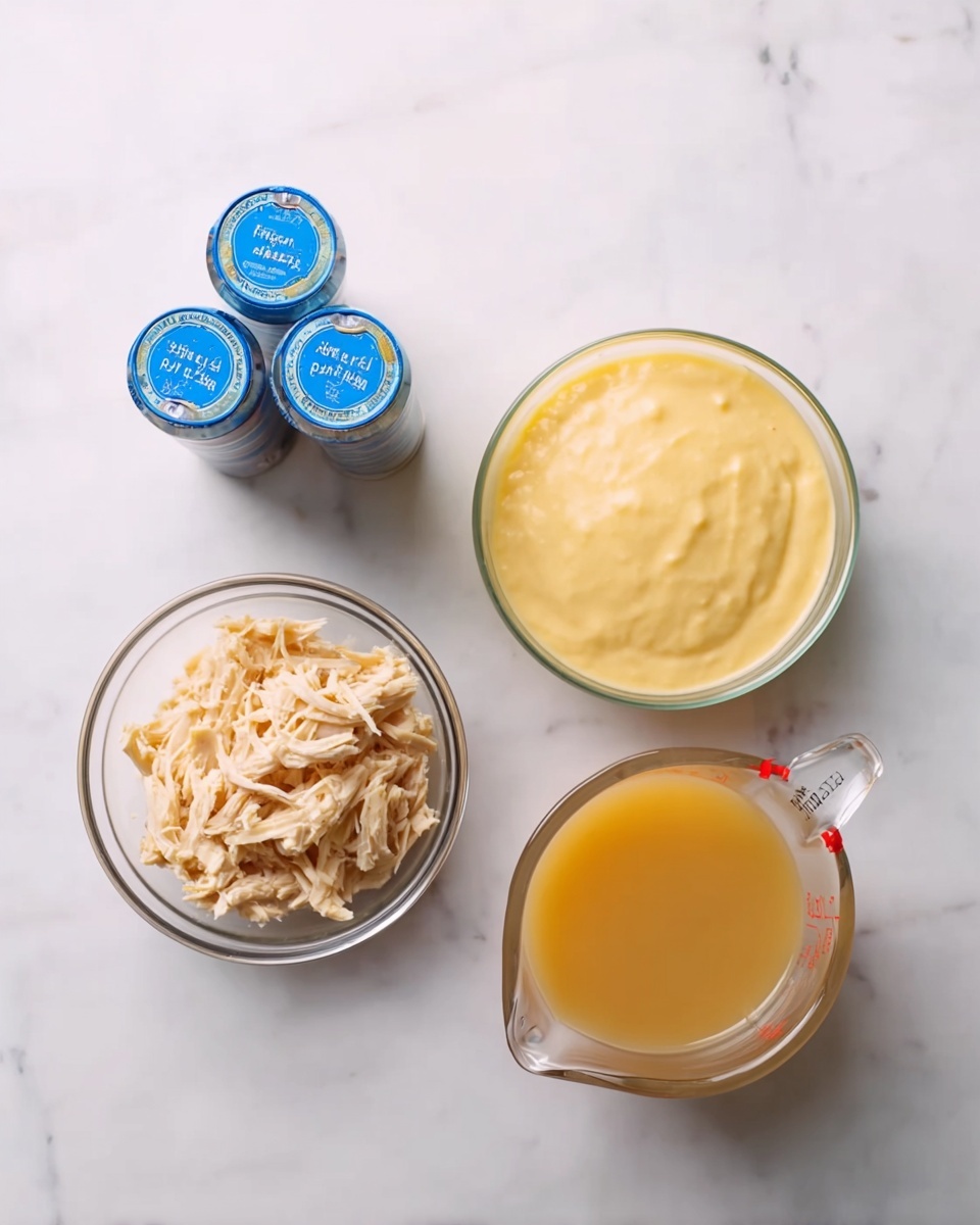 The image shows four items on a white marbled surface. On the left is a small clear glass bowl filled with shredded chicken, light beige in color. Above it is another clear glass bowl holding a thick, smooth light yellow sauce with some texture. To the right of these bowls are two small blue cans of biscuits standing next to each other. In front of all these items is a clear measuring cup filled with a light brownish-yellow liquid, which takes most of the lower part of the image. Photo taken with an iphone --ar 4:5 --v 7
