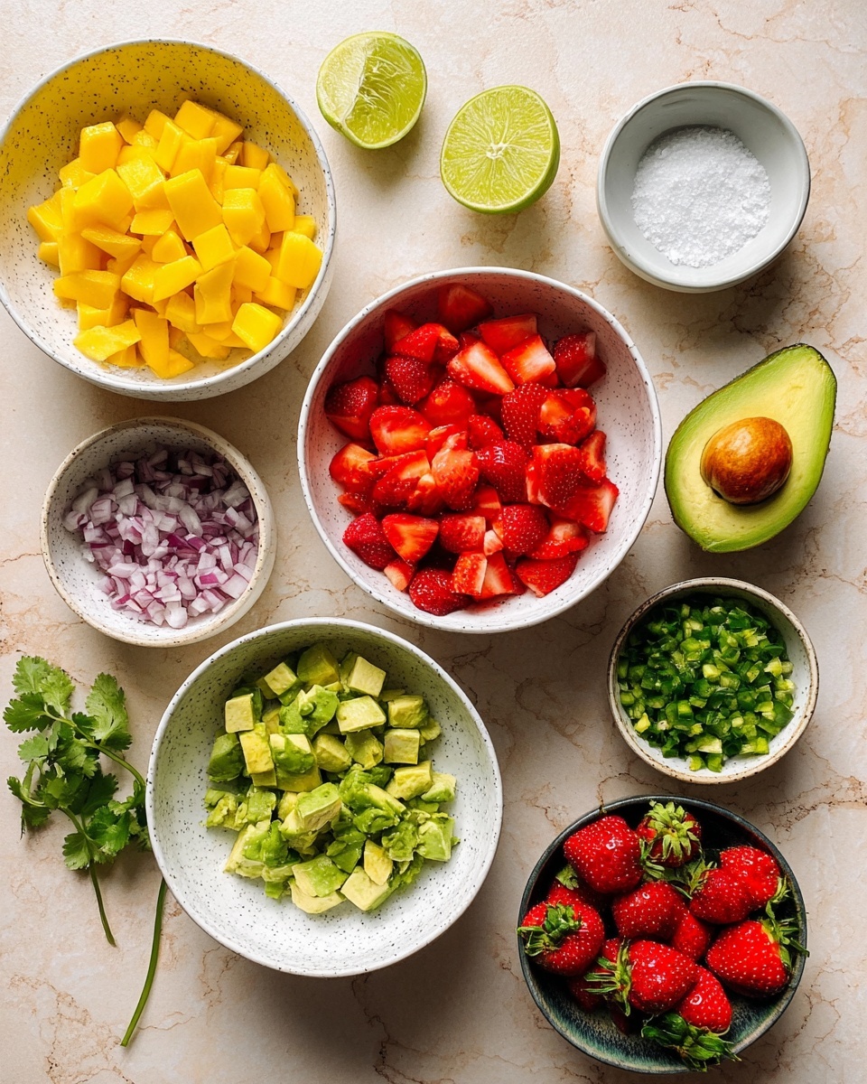 The image shows a white marbled surface with a white speckled bowl filled with bright yellow diced mango chunks placed at the top left. Below it, there is another white speckled bowl containing green diced avocado pieces. To the right of the avocado bowl, a larger white speckled bowl holds vivid red chopped strawberries. Near the top right, a small white bowl contains finely chopped green peppers, next to a whole and a halved lime. Another small white bowl near the lime has finely chopped red onions, and below it, a small white bowl fills with fresh chopped green cilantro. Fresh whole strawberries are scattered on the right side, and an avocado is positioned near the bottom left corner. A small white bowl with white salt sits above the mango bowl. The overall scene is brightly lit, showing fresh and colorful ingredients arranged neatly. photo taken with an iphone --ar 4:5 --v 7