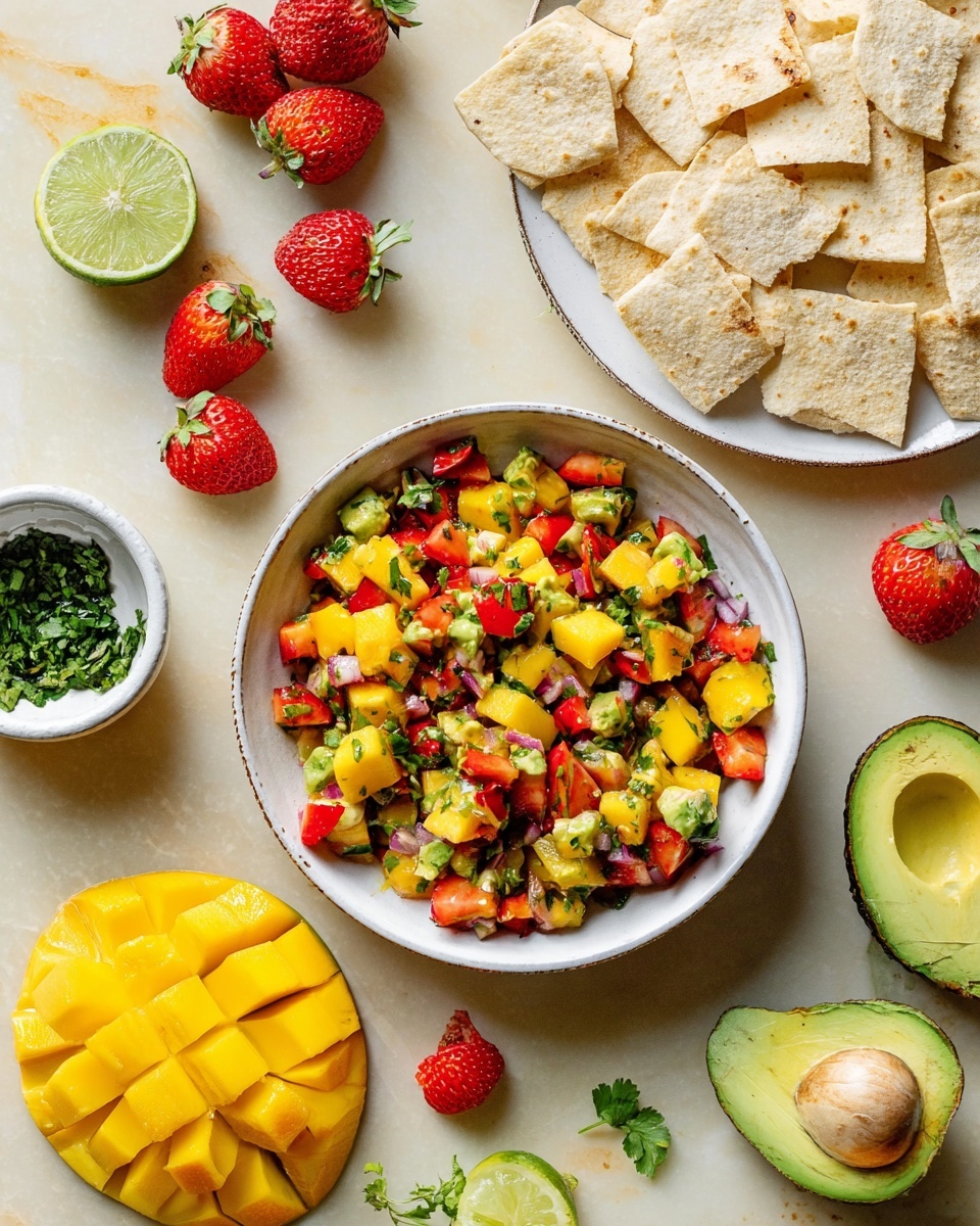 The image features a white bowl filled with a colorful salsa made of diced layers: bright yellow mango chunks, red strawberries, light green avocado pieces, darker green herbs, and small bits of red onion, all mixed evenly and topped with green cilantro leaves. Near it, on a white plate, there are many pieces of crispy torn flatbread with a light beige color and rough texture. Surrounding the dishes are fresh ingredients scattered on a white marbled surface, including whole strawberries, a halved avocado showing its creamy green interior and brown seed, a cut mango with large square pieces, a half lime with light green flesh, and a small white bowl filled with chopped herbs. The scene is softly lit and styled for a fresh, natural look photo taken with an iphone --ar 4:5 --v 7