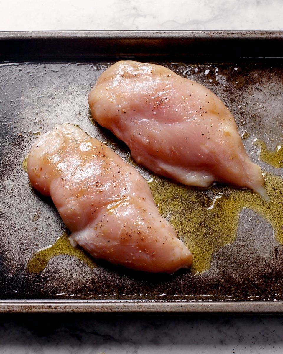 Two raw chicken pieces lie flat on a dark metal baking tray with some oil glistening on top. The chicken has a light pink color with a smooth texture and a few small dark specks of seasoning. The tray shows signs of use with some worn spots and scattered droplets of oil around the chicken. The background is a white marbled surface. photo taken with an iphone --ar 4:5 --v 7