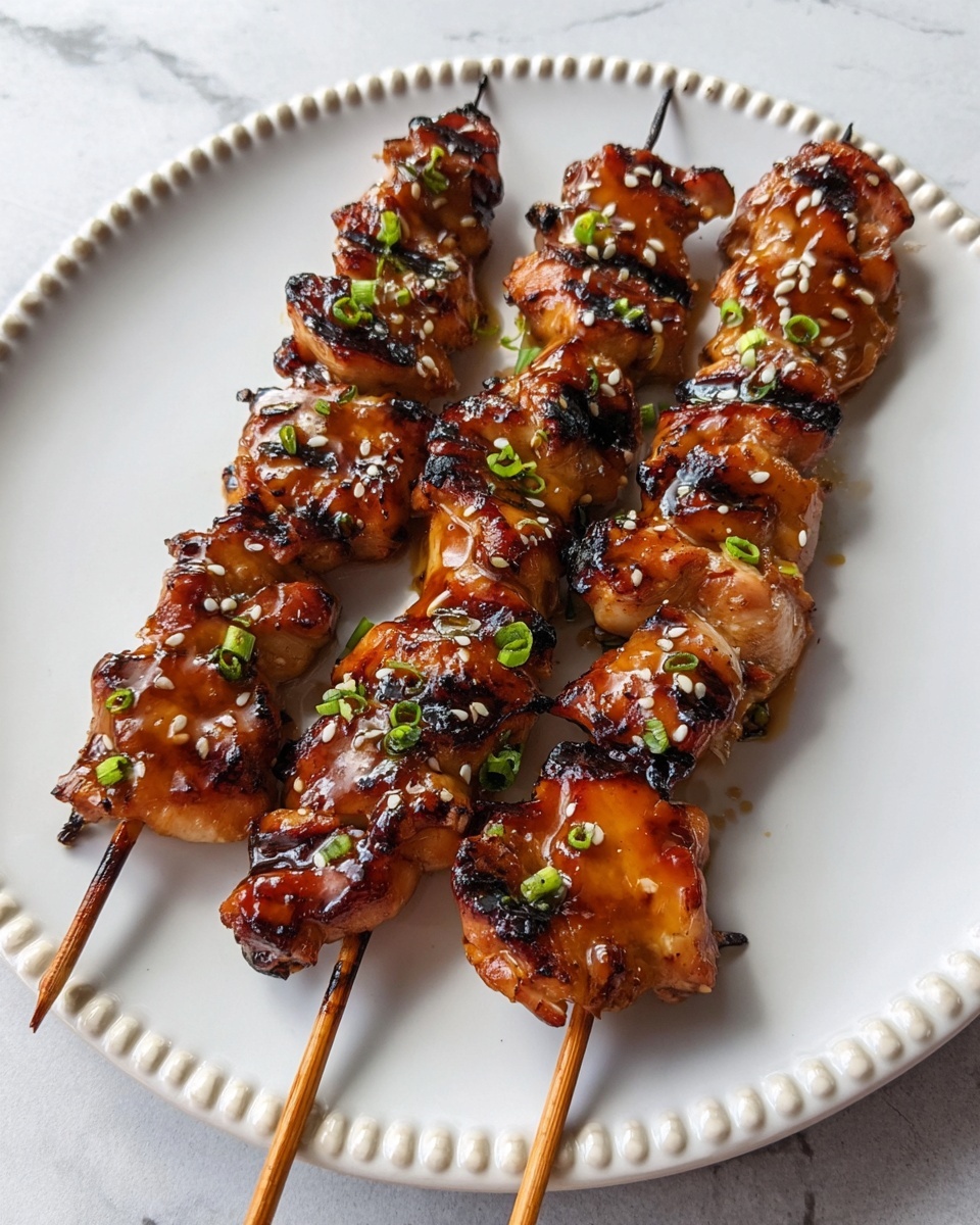 Four wooden sticks hold pieces of grilled chicken with a shiny brown glaze, placed side by side on a white plate with a beaded edge. The chicken pieces are charred at the edges, giving a mix of darker brown and caramel colors. The sauce on the chicken looks sticky and glossy, sprinkled with small white sesame seeds and tiny green onion rings for garnish. The plate sits on a white marbled surface. photo taken with an iphone --ar 4:5 --v 7