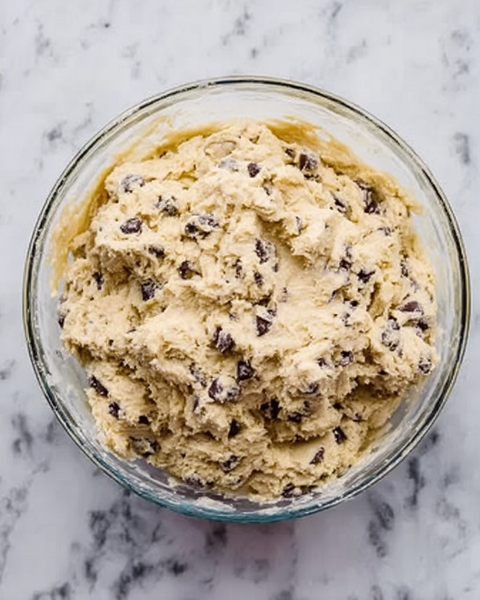 A clear glass bowl filled with light beige cookie dough mixed evenly with dark chocolate chips, placed on a white marbled surface. The dough has a creamy, slightly rough texture with small lumps of chips scattered throughout, filling most of the bowl and slightly peaked in the middle, showing softness and thickness. Photo taken with an iphone --ar 4:5 --v 7