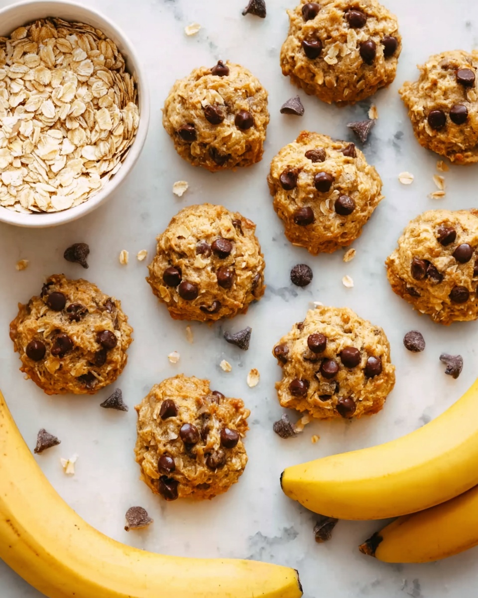 The image shows a group of small oatmeal cookies with chocolate chips spread out on a white marbled surface. The cookies are golden brown with a rough texture from the oats and have small, dark chocolate chips scattered on top. To the left side, there is a white bowl filled with uncooked oats, and on the right side, there are two whole bananas lying next to the cookies. Some loose oats and chocolate chips are scattered around the cookies, adding a natural, casual touch. photo taken with an iphone --ar 4:5 --v 7