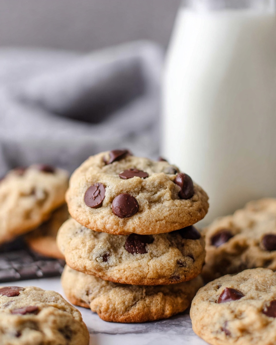 A close-up view of golden-brown chocolate chip cookies stacked in two layers at the center, with extra cookies spread around the base. Each cookie has a bumpy texture with large, dark brown chocolate chips embedded on top and inside. Behind the cookies, there is a blurred tall glass bottle full of white milk. The scene appears on a white marbled surface with a soft grey cloth in the background. photo taken with an iphone --ar 4:5 --v 7