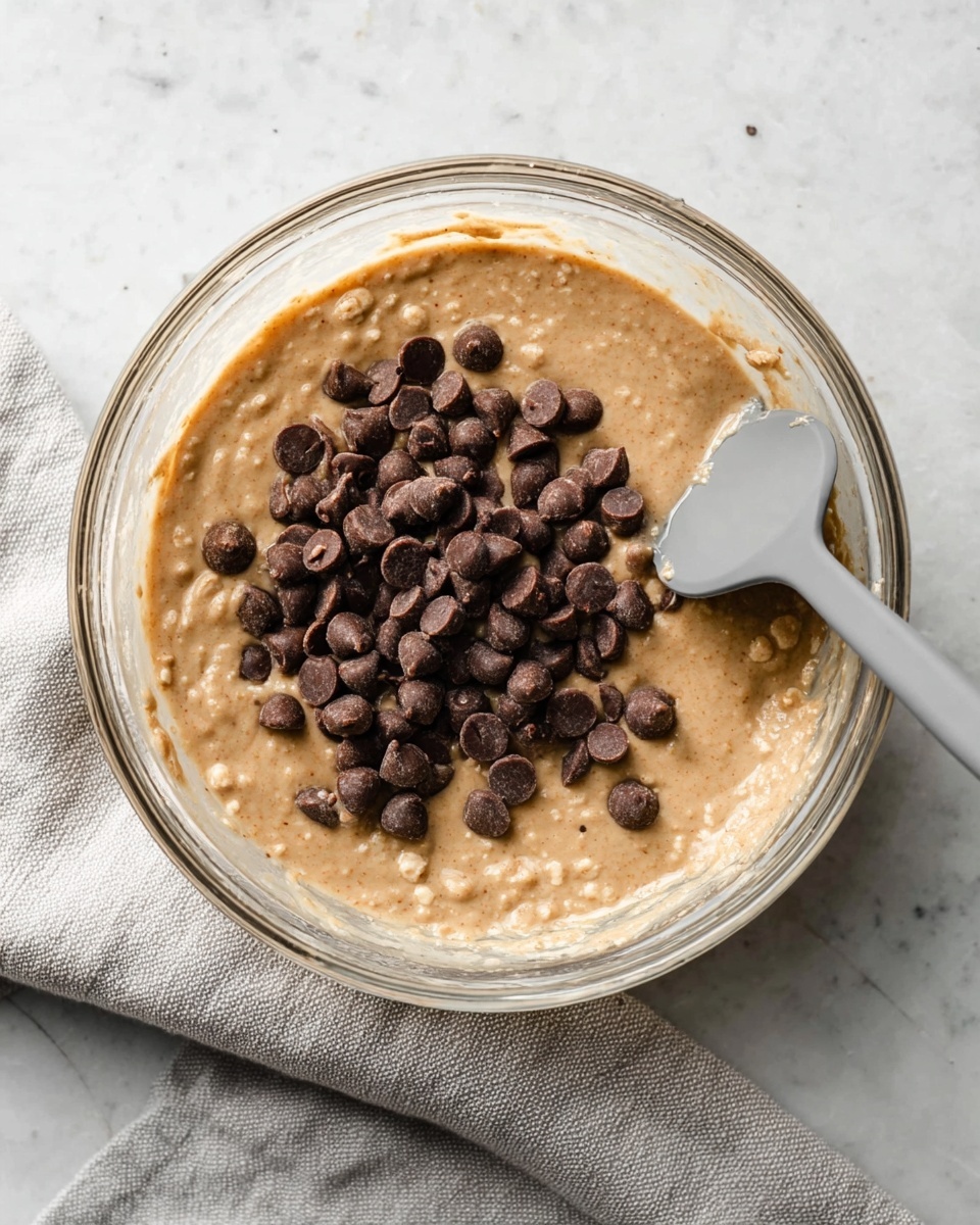 A clear glass bowl filled with a light brown, smooth batter with small lumps visible throughout, topped with a pile of dark brown chocolate chips mostly gathered in the center right side. A gray spatula is partially dipped into the batter on the right side of the bowl. The bowl sits on a white marbled surface, with a light gray cloth partially underneath it. photo taken with an iphone --ar 4:5 --v 7