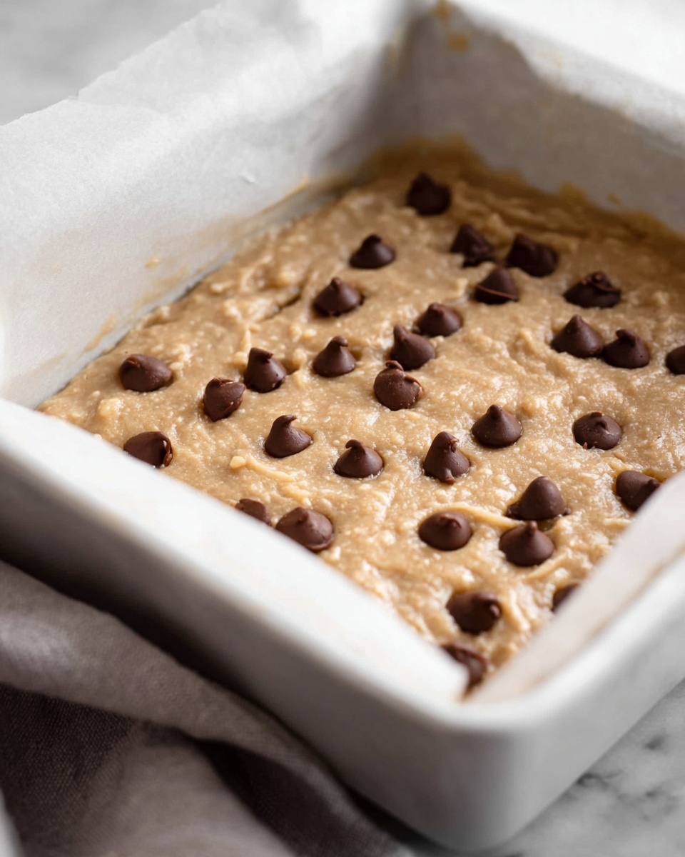The image shows a close-up of a thick, light brown batter spread evenly in a white rectangular baking dish lined with parchment paper. Scattered across the top layer are medium-sized dark brown chocolate chips, slightly embedded in the batter, giving a textured look. The batter appears smooth with some small bubbles and dense spots throughout. The dish rests on a soft gray cloth, with a soft white marbled surface in the background. photo taken with an iphone --ar 4:5 --v 7