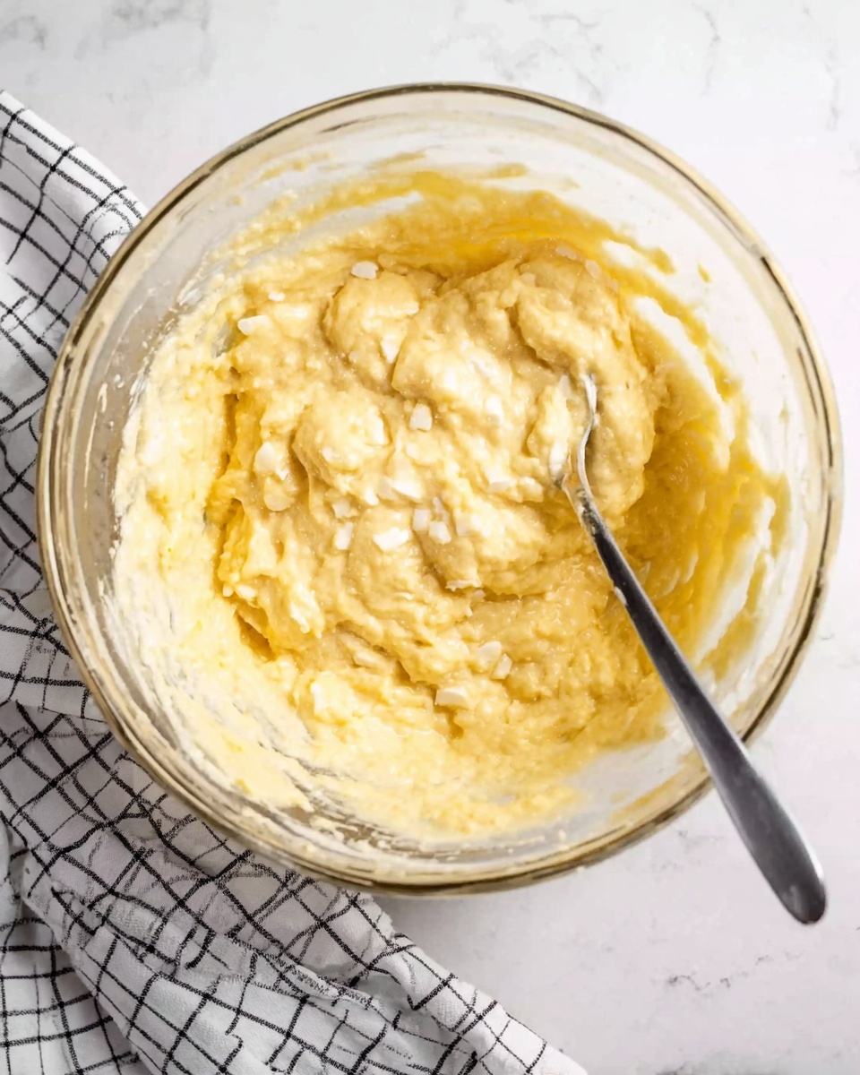 A clear glass bowl filled with light yellow, fluffy batter mixed with small white chunks, giving the texture a slightly thick and creamy look. A metal spoon is partially dipped in the batter, resting inside the bowl. The bowl is placed on a white marbled surface with a black and white checkered cloth nearby. Photo taken with an iphone --ar 4:5 --v 7