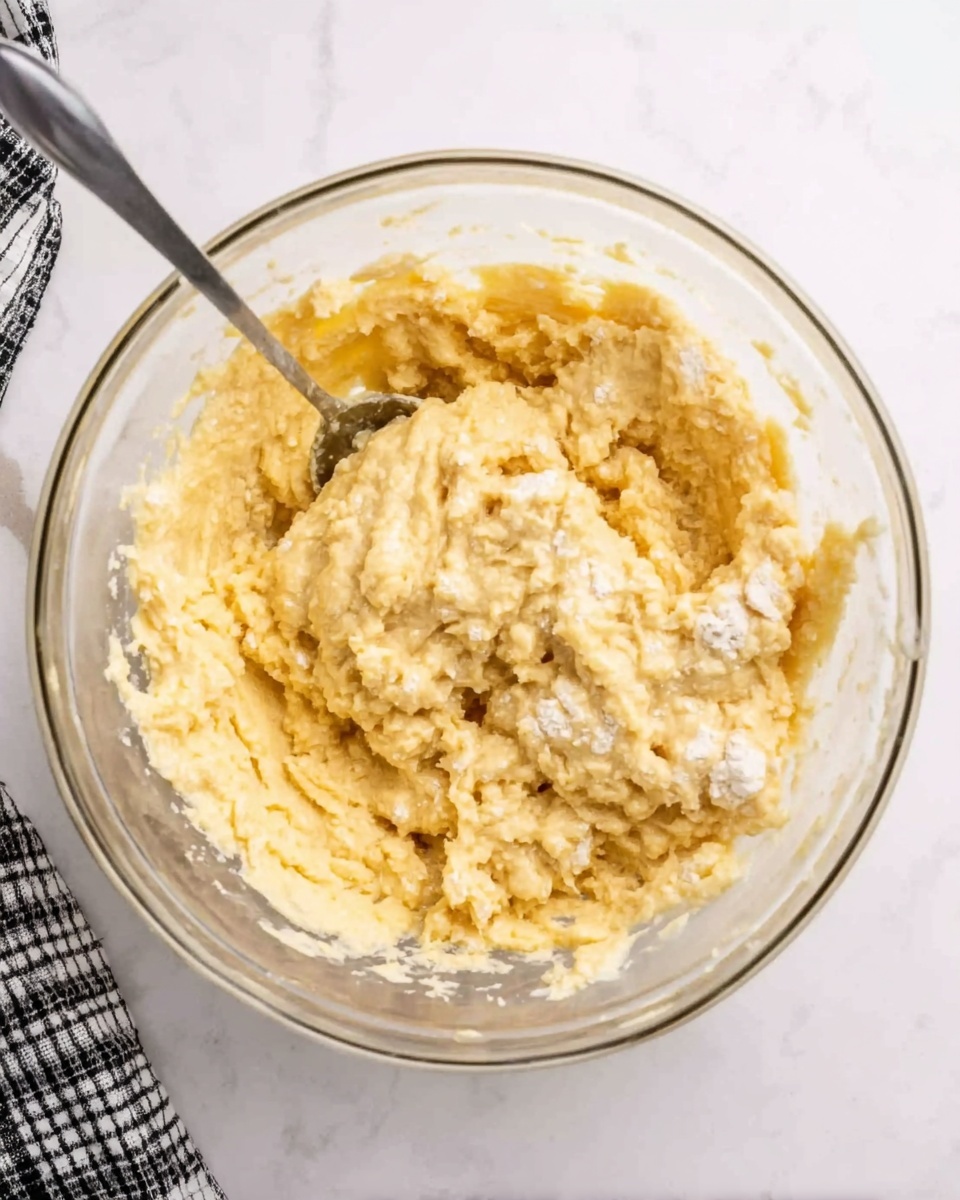 A clear glass bowl filled with a thick, pale yellow dough mixed with white flour clumps. A metal spoon is stuck into the dough, positioned near the center of the bowl. The bowl is placed on a white marbled surface with part of a black and white checkered cloth visible on the left side. The texture of the dough looks soft and sticky, showing different tones of yellow and white mixed together. photo taken with an iphone --ar 4:5 --v 7