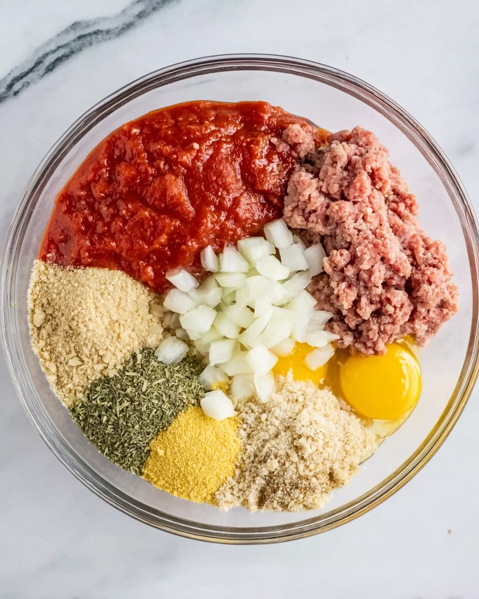 In a clear glass bowl placed on a white marbled surface, different ingredients are arranged in separate sections without mixing. The top left has a thick red sauce, next to it on the top right is raw ground meat in a soft pink color. Below the meat, there are small white chopped onions, and beside it are raw eggs visible with their bright yellow yolk. Near the middle left, there is a pile of green dried herbs. The bottom left features small beige breadcrumbs, and above that is a small mound of minced light brown garlic. In the center, a small pile of yellow seasoning and salt grains can be seen. Everything is neatly placed and ready to be mixed, photo taken with an iphone --ar 4:5 --v 7