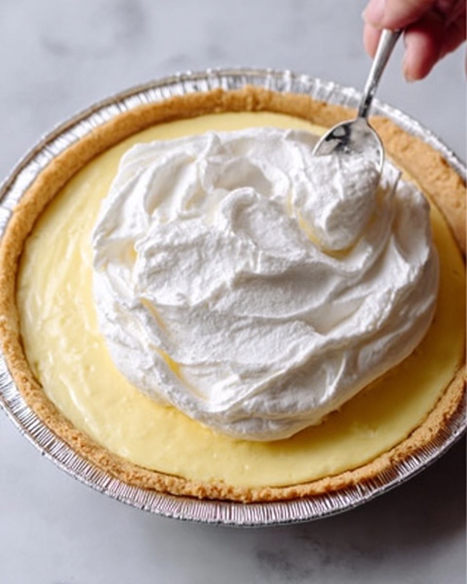 The image shows a round dessert with a golden crust filled with a smooth, pale yellow layer of custard or cream. On top, there is a thick layer of white whipped cream spread unevenly, creating soft peaks and swirls. The dessert sits inside a white foil pie pan, placed on a white marbled surface. A woman's hand holding a spoon enters the frame from the top right corner, ready to scoop some of the dessert. Photo taken with an iphone --ar 4:5 --v 7