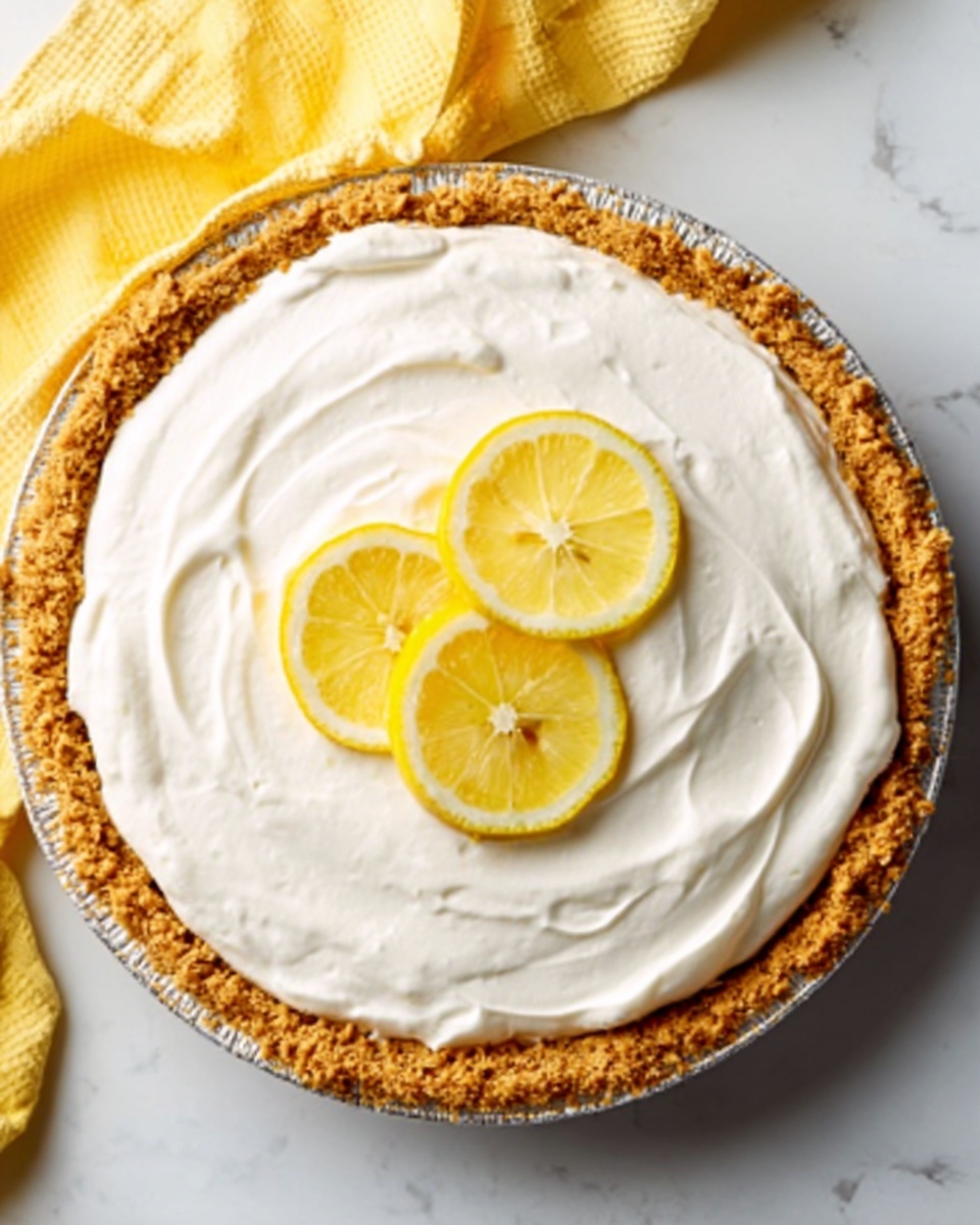 A round pie with a golden brown crust that looks crumbly and thick, filled with a smooth, creamy white topping spread evenly across the surface. On top, there are three thin lemon slices placed in the center, bright yellow with visible seeds and a slightly shiny texture. The pie is set on a white marbled surface with a corner of a yellow cloth visible in the upper left corner. photo taken with an iphone --ar 4:5 --v 7