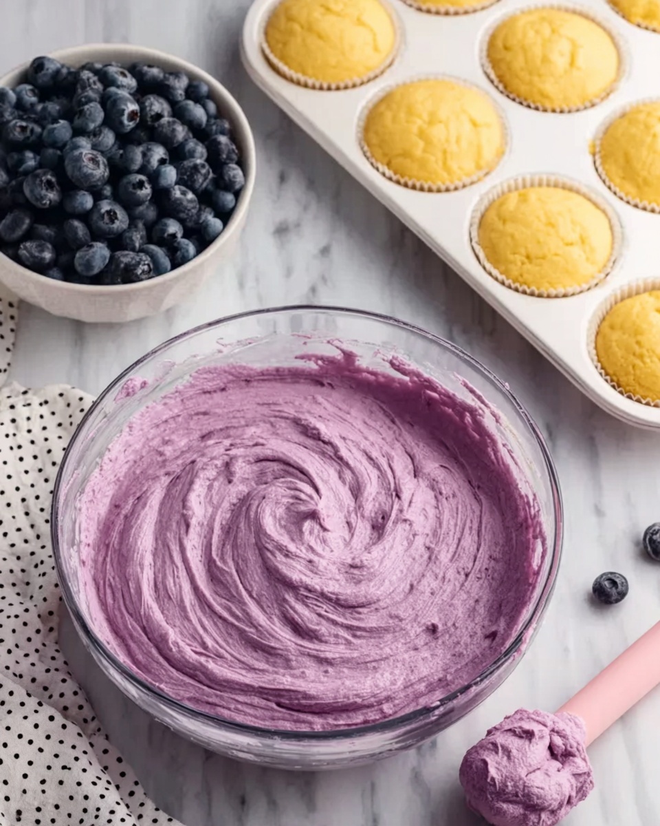 A clear glass bowl filled with thick, creamy purple batter, swirled smoothly on top, sits on a white marbled surface. To the side, a white bowl overflowing with fresh dark blueberries is placed in the background. Nearby, a white muffin tray holds six smooth, yellow cake batter portions ready for baking. A white towel with black dotted patterns lies beside the glass bowl, and a woman’s hand is holding a pink beater covered with the same purple batter. Photo taken with an iphone --ar 4:5 --v 7