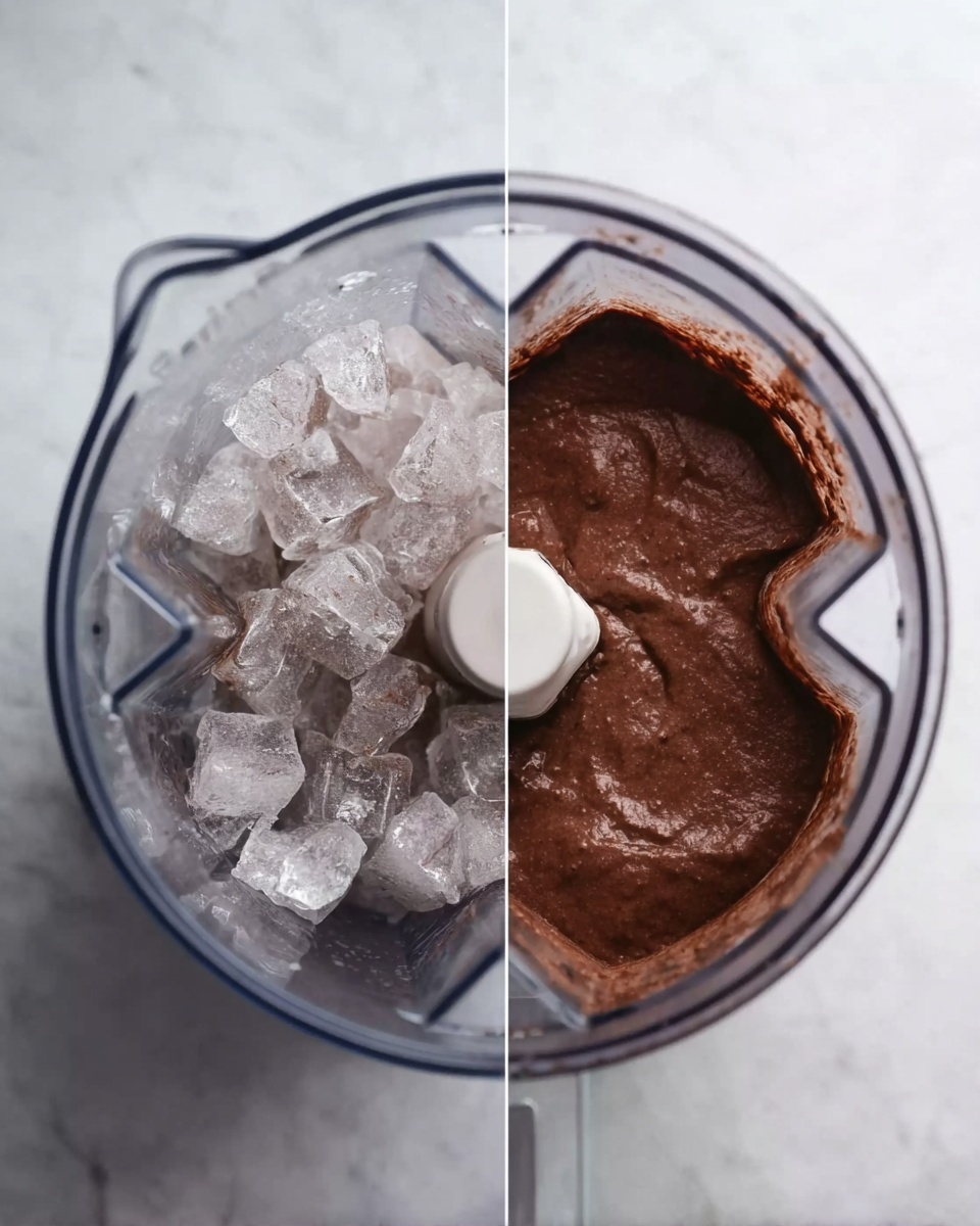 The image shows a clear blender container against a white marbled surface. In the left part of the image, the blender is filled with chunky, translucent ice cubes with a shiny texture. In the right part, the ice cubes have been blended into a smooth dark brown mixture with a thick, creamy texture, appearing evenly mixed. Both images highlight the blender’s sharp blades visible beneath the contents. photo taken with an iphone --ar 4:5 --v 7