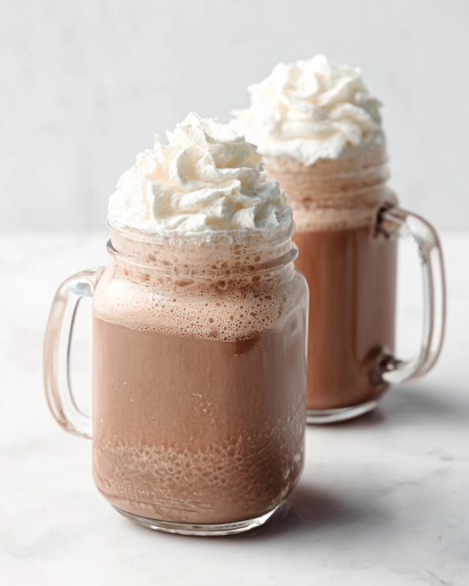 Two clear glass mugs are filled with a light brown chocolate drink that looks smooth and creamy. Each mug has a thick layer of white whipped cream on top, which is swirled and fluffy, standing high above the rim. The mugs have handles on the right side, and the drinks show tiny bubbles on the surface under the whipped cream. They sit on a white marbled surface with a soft white background, creating a clean and bright look. Photo taken with an iphone --ar 4:5 --v 7