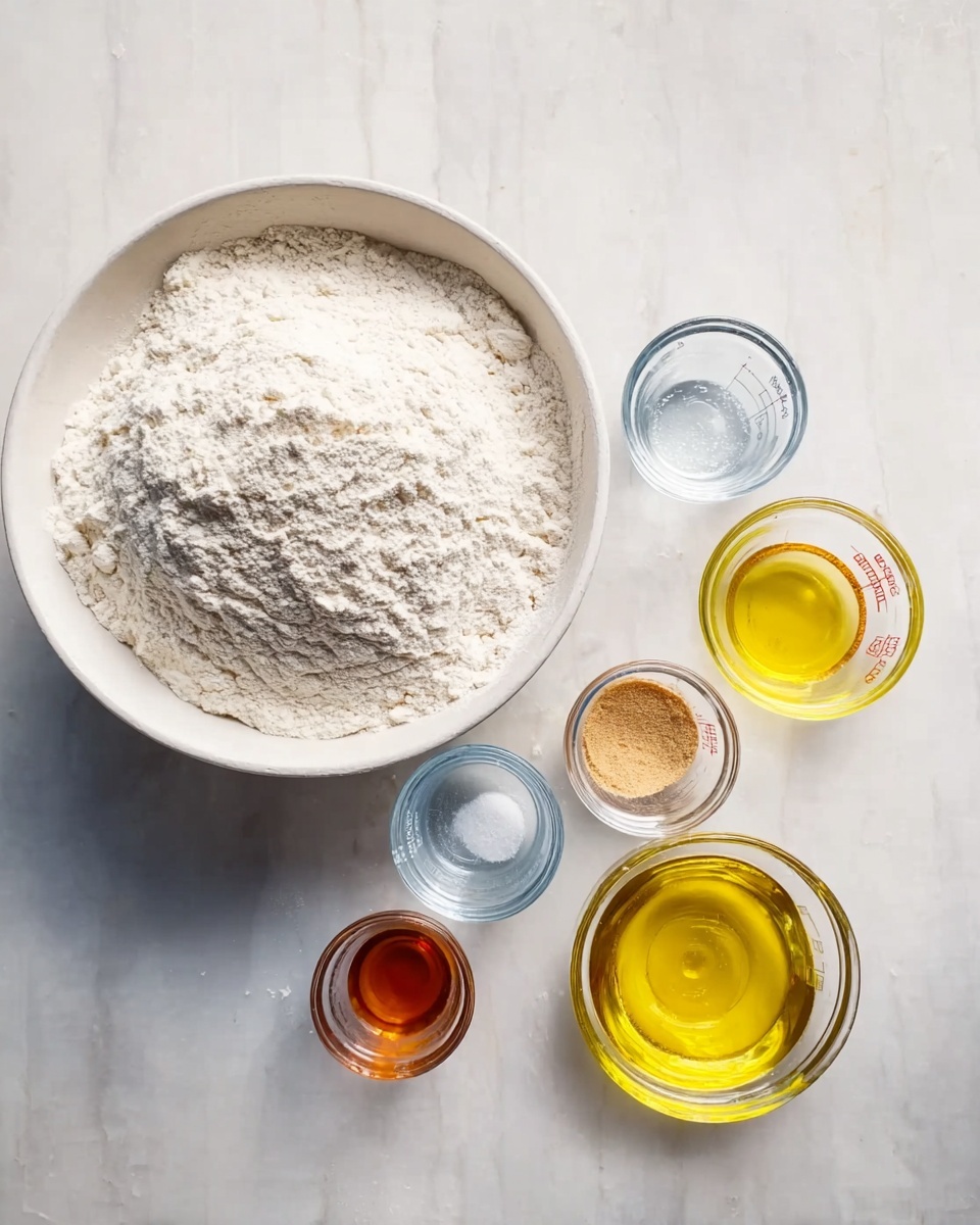 A white bowl filled with a pile of white flour sits on a white marbled surface, surrounded by five small clear glass containers. These containers hold golden yellow oil, clear water in a measuring cup, white salt, light brown yeast, and amber-colored honey. The arrangement is neat, with the largest bowl of flour placed to the left and the smaller containers spread out to the right and below it. The lighting is soft, showing the textures of the dry and wet ingredients clearly. photo taken with an iphone --ar 4:5 --v 7