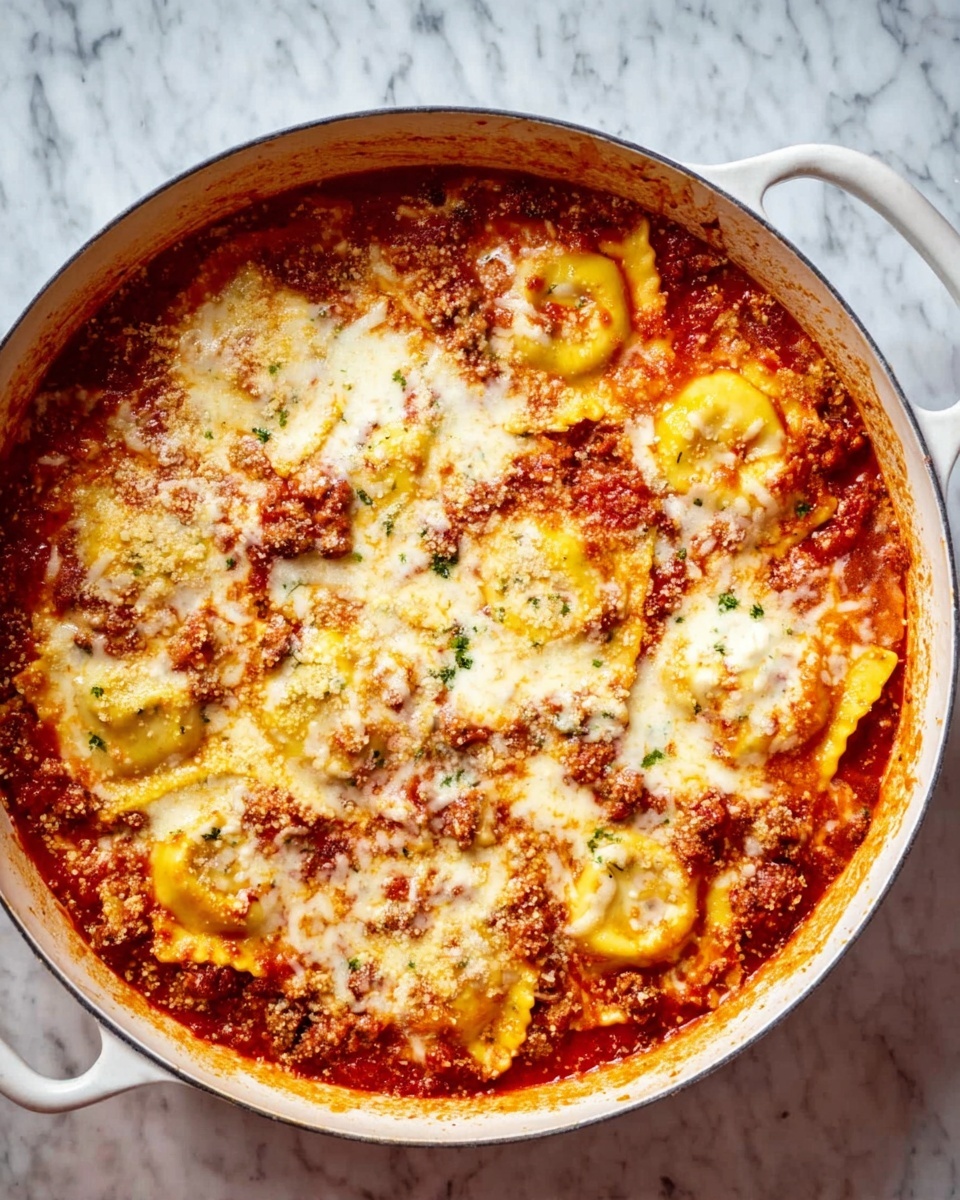A white pan filled with two layers of large ravioli pasta covered by a thick red tomato sauce mixed with small bits of browned meat. On top is a layer of melted, slightly browned cheese spreading evenly across the dish with some sauce visible through it. The pan is placed on a white marbled surface. photo taken with an iphone --ar 4:5 --v 7